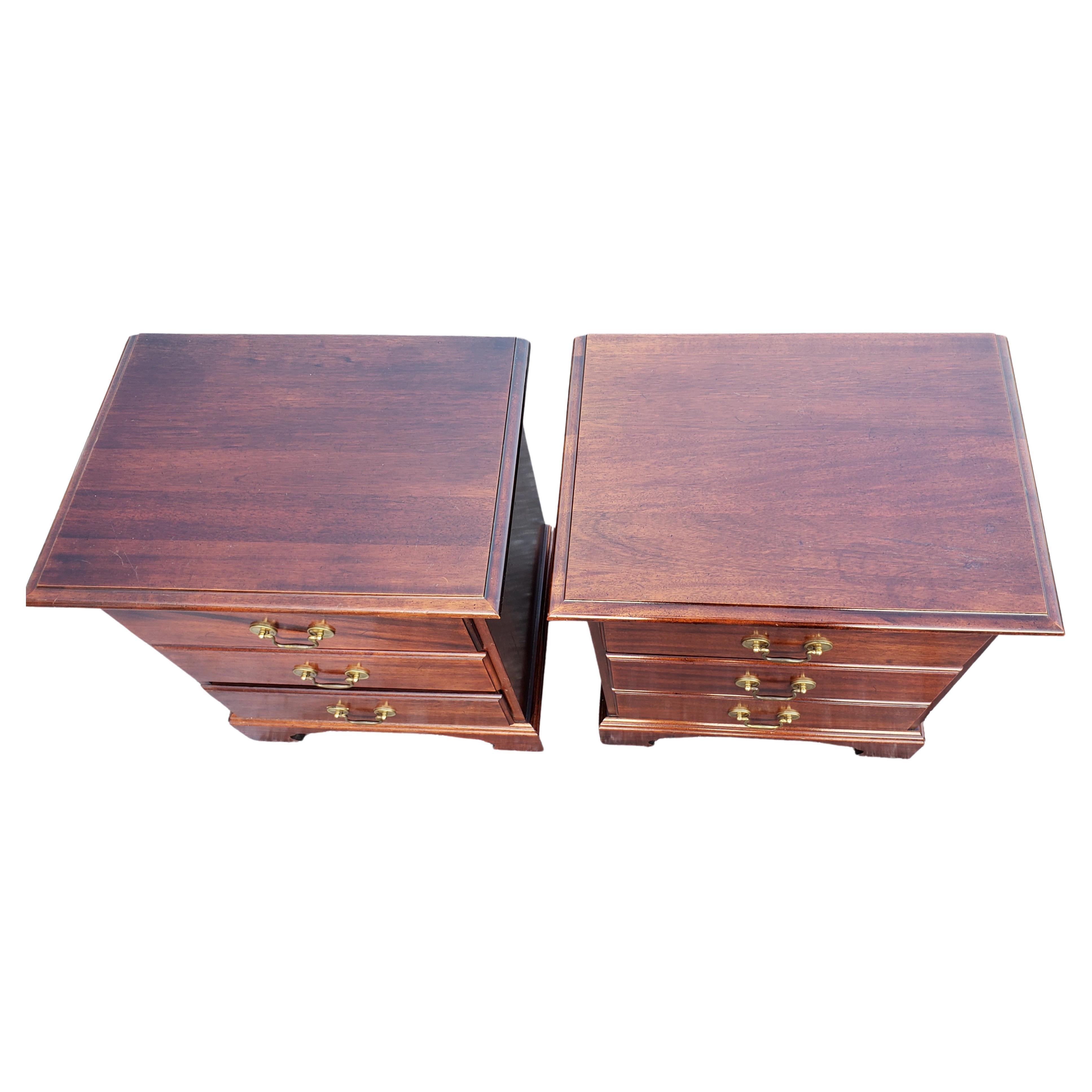American Ethan Allen Chippendale 3-Drawer Side Tables Nightstands, a Pair