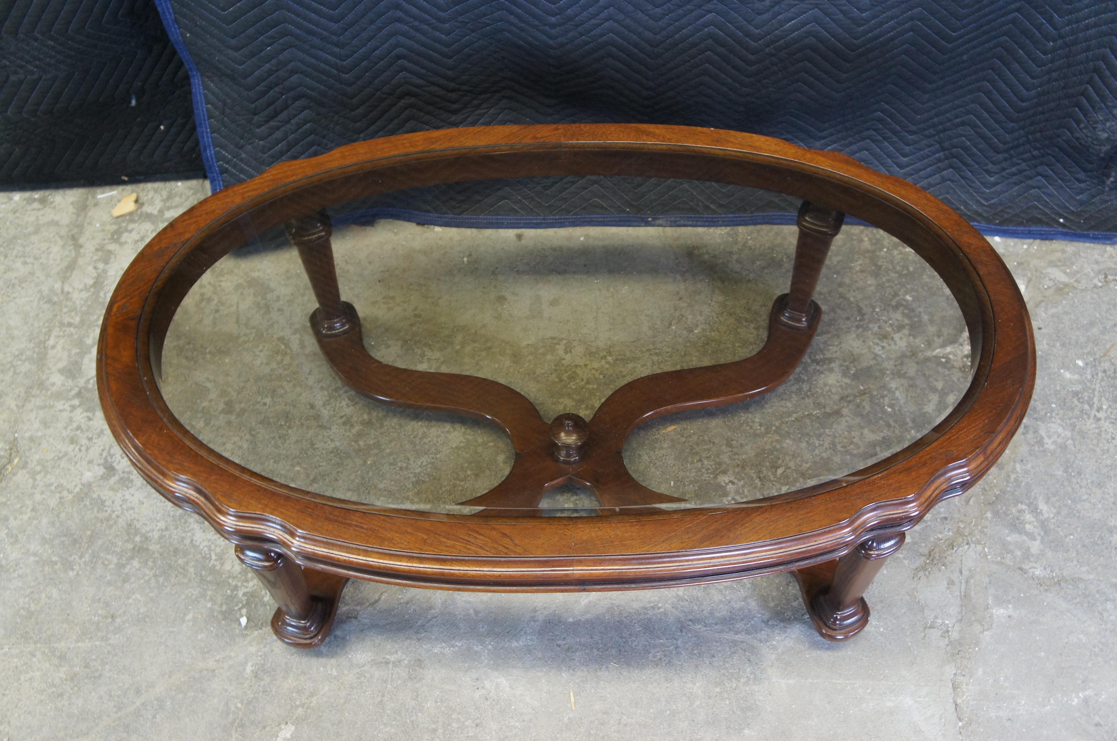 Ethan Allen Collectors Classics Oval Oak Coffee Cocktail Table Smoked Glass In Good Condition In Dayton, OH