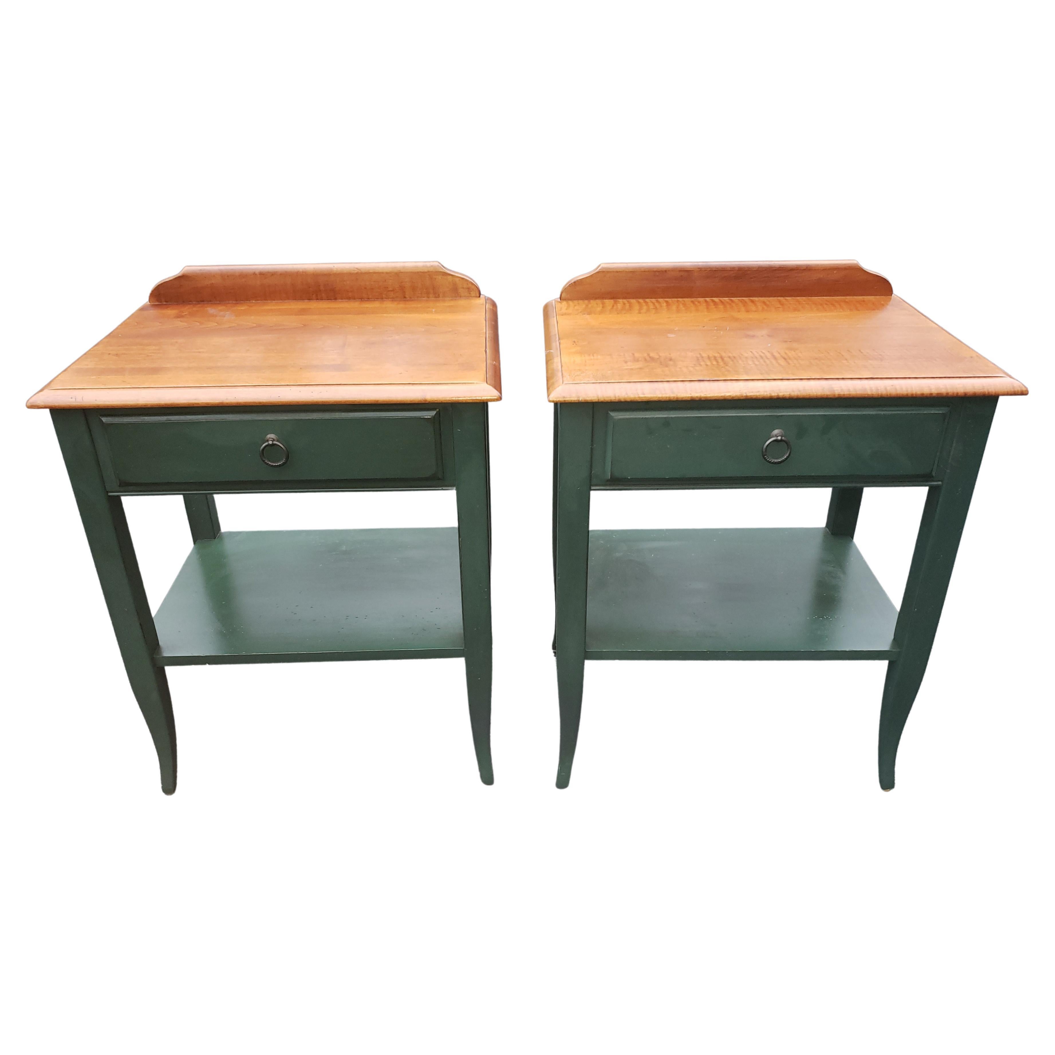 Offering for your consideration this Pair of Ethan Allen Country Crossing Collection side tables. 
Made out of solid Maple and birch. Dovetailed drawers perfectly functional. Measure 22 inches in width, 16 inches in depth and 28.5 inches in height.