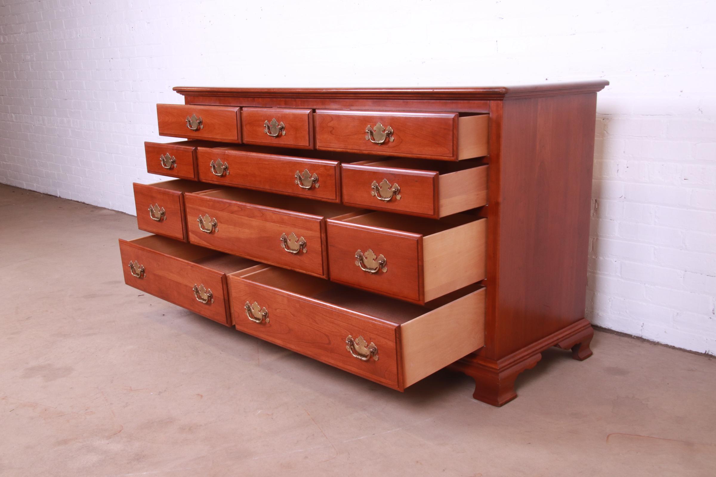 Brass Ethan Allen Early American Solid Cherry Wood Chest of Drawers, Circa 1970s