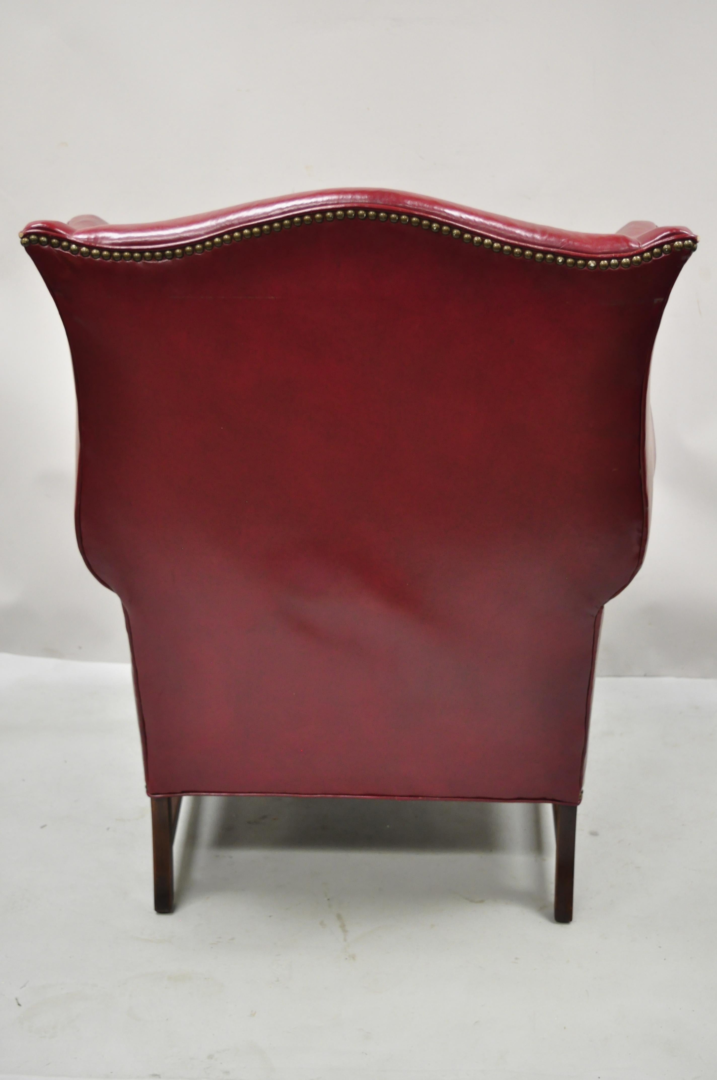 Ethan Allen English Georgian Burgundy Red Leather Wingback Lounge Chair Ottoman 2