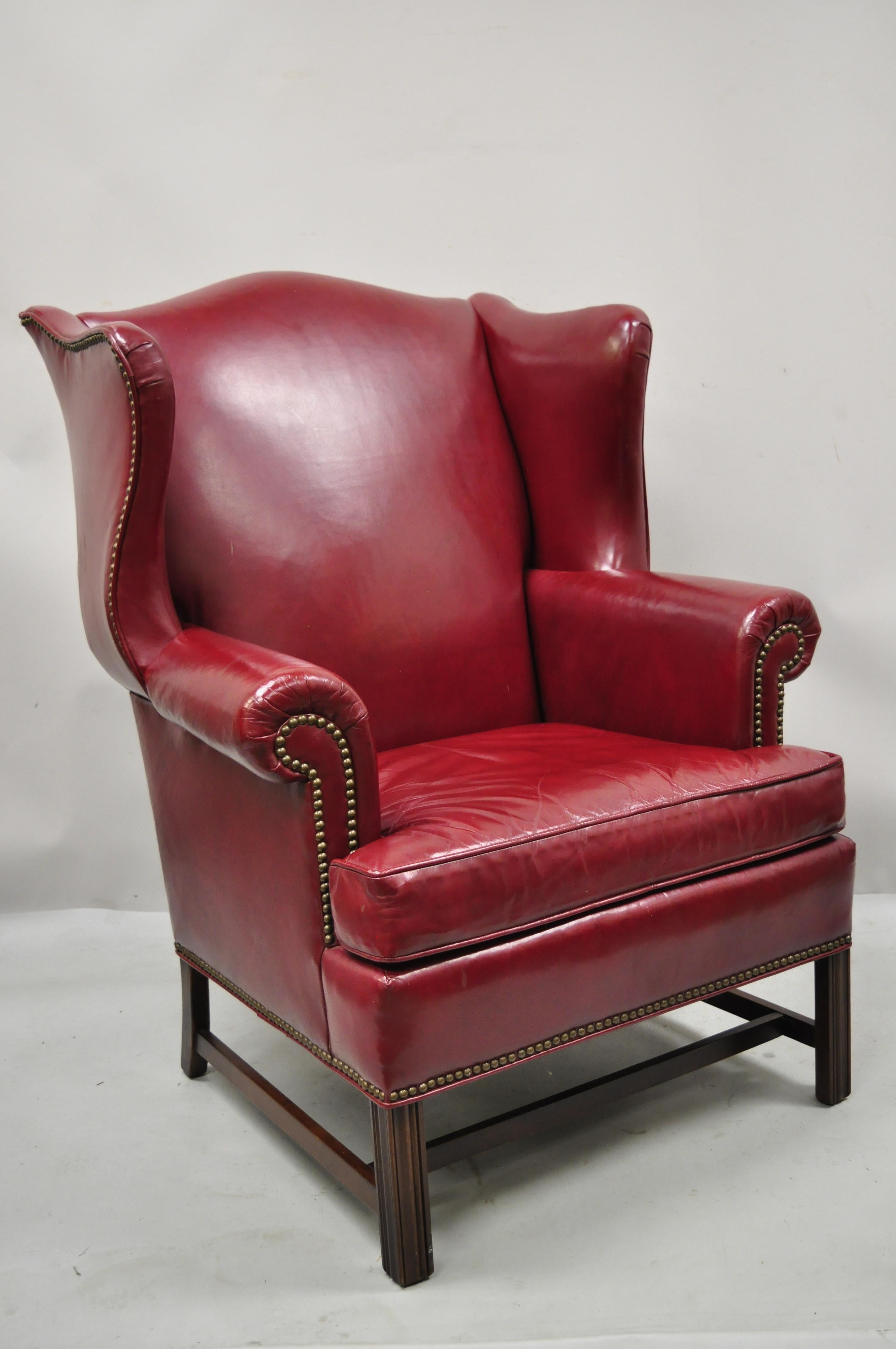 Ethan Allen English Georgian Burgundy Red Leather Wingback Lounge Chair Ottoman 3