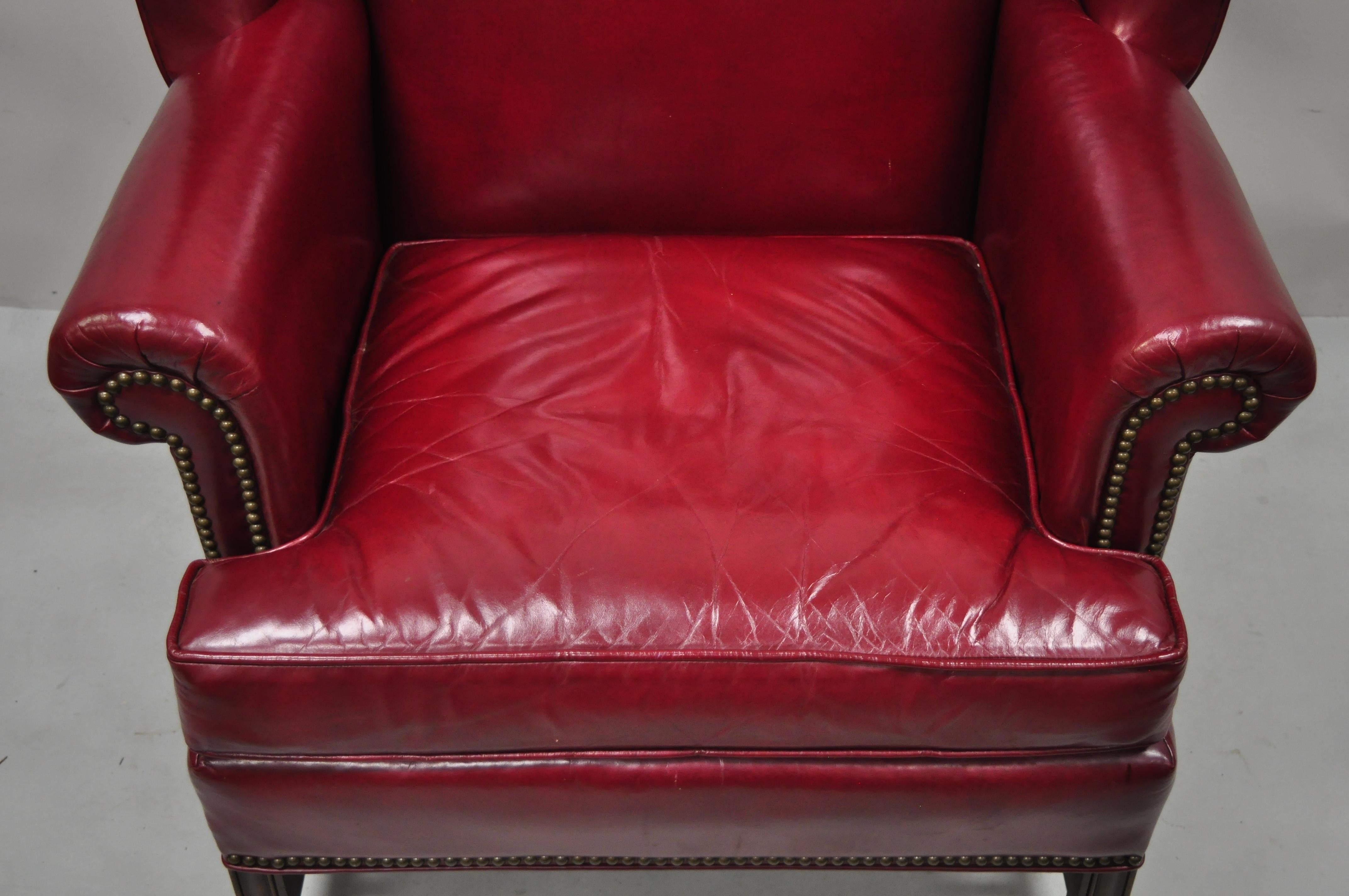 North American Ethan Allen English Georgian Burgundy Red Leather Wingback Lounge Chair Ottoman