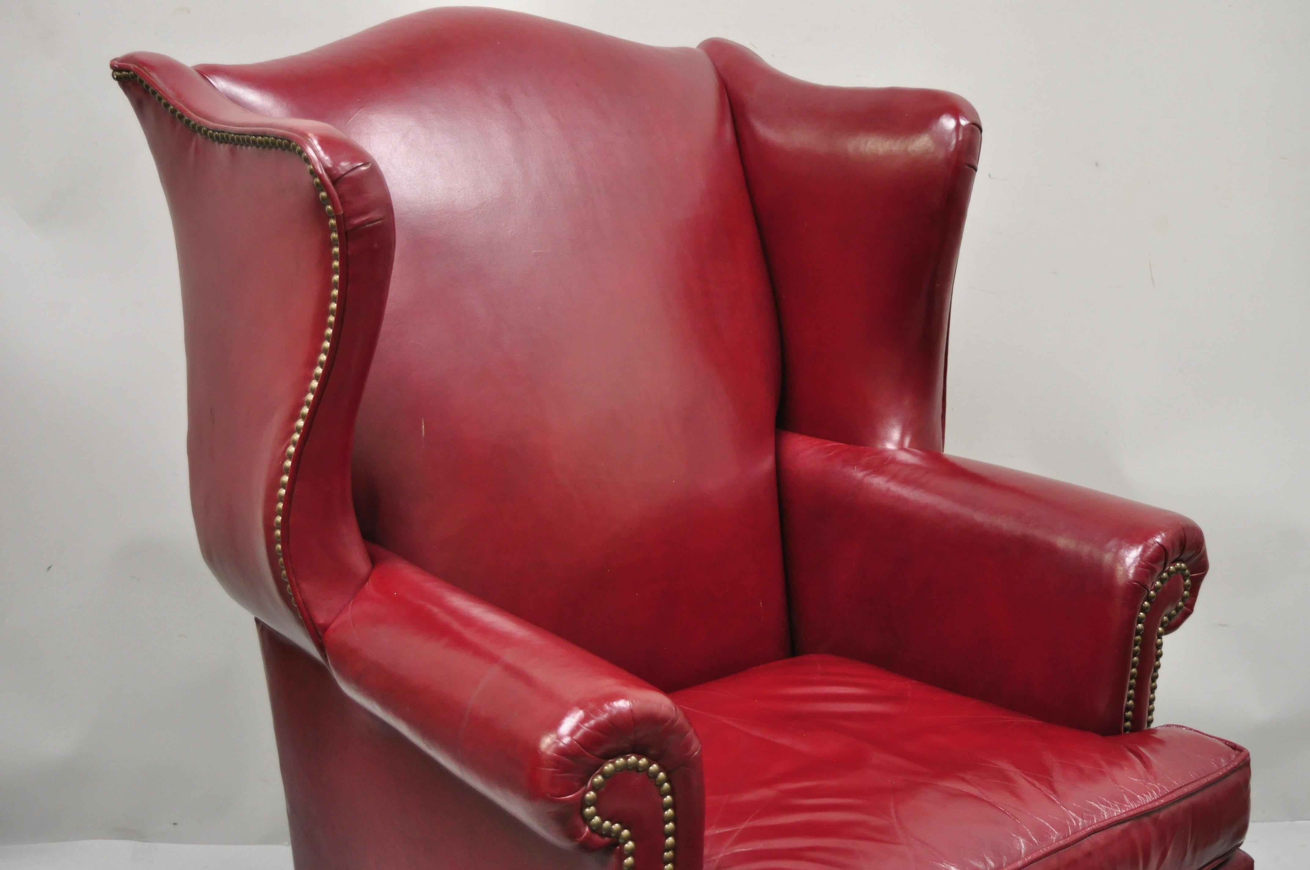 Ethan Allen English Georgian Burgundy Red Leather Wingback Lounge Chair Ottoman In Good Condition In Philadelphia, PA