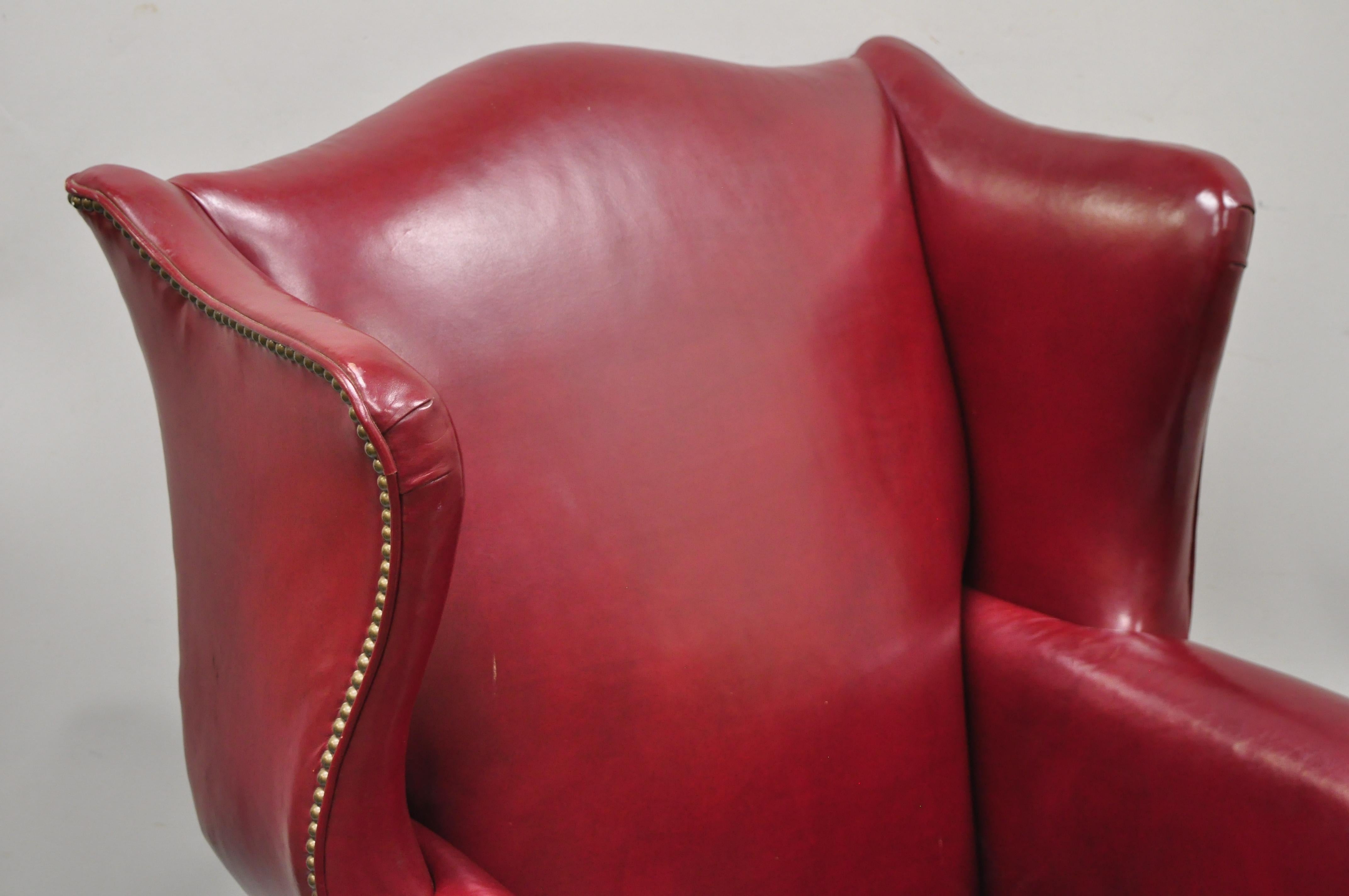 20th Century Ethan Allen English Georgian Burgundy Red Leather Wingback Lounge Chair Ottoman