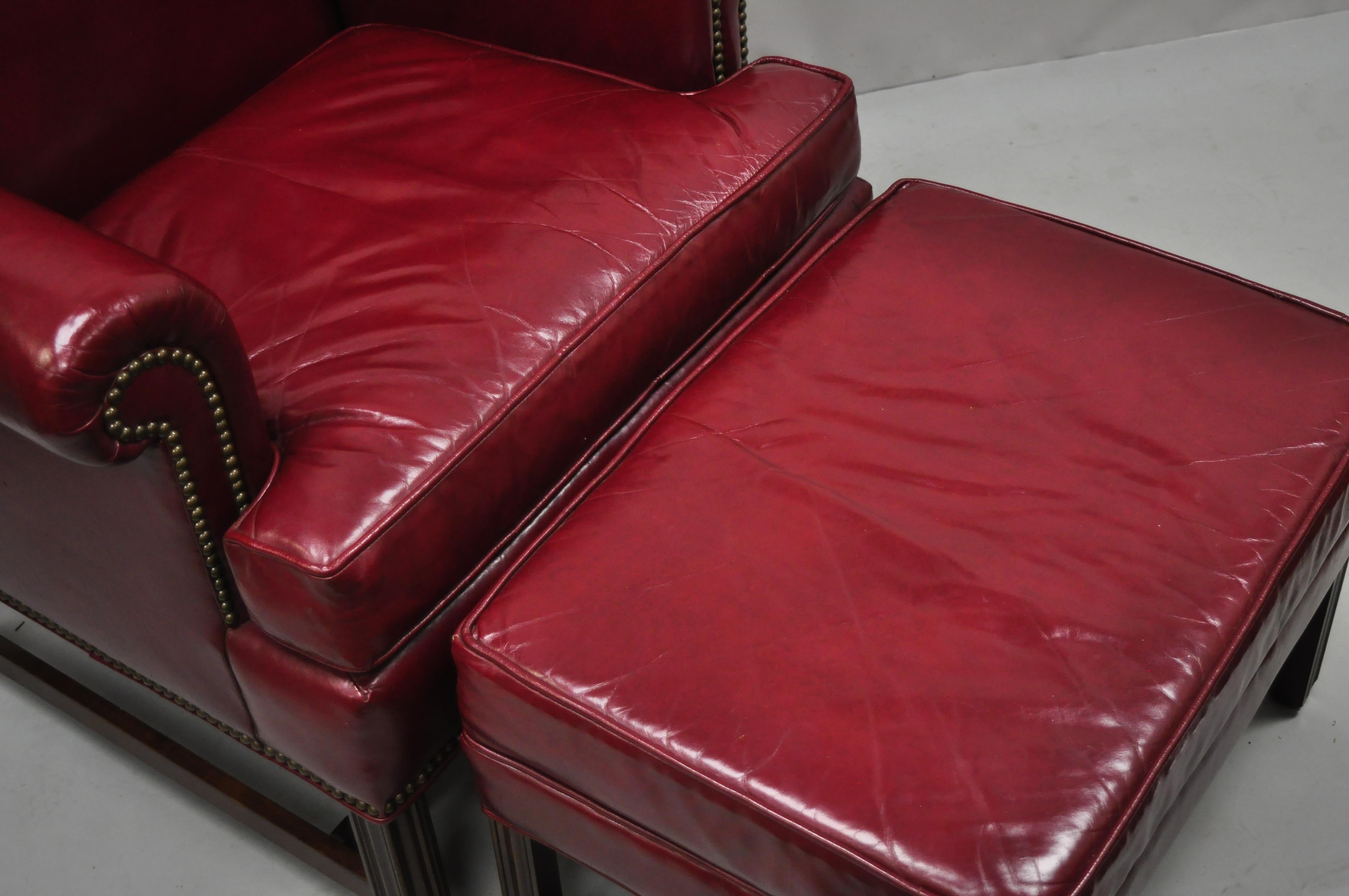Ethan Allen English Georgian Burgundy Red Leder Wingback Lounge Chair Ottoman 4