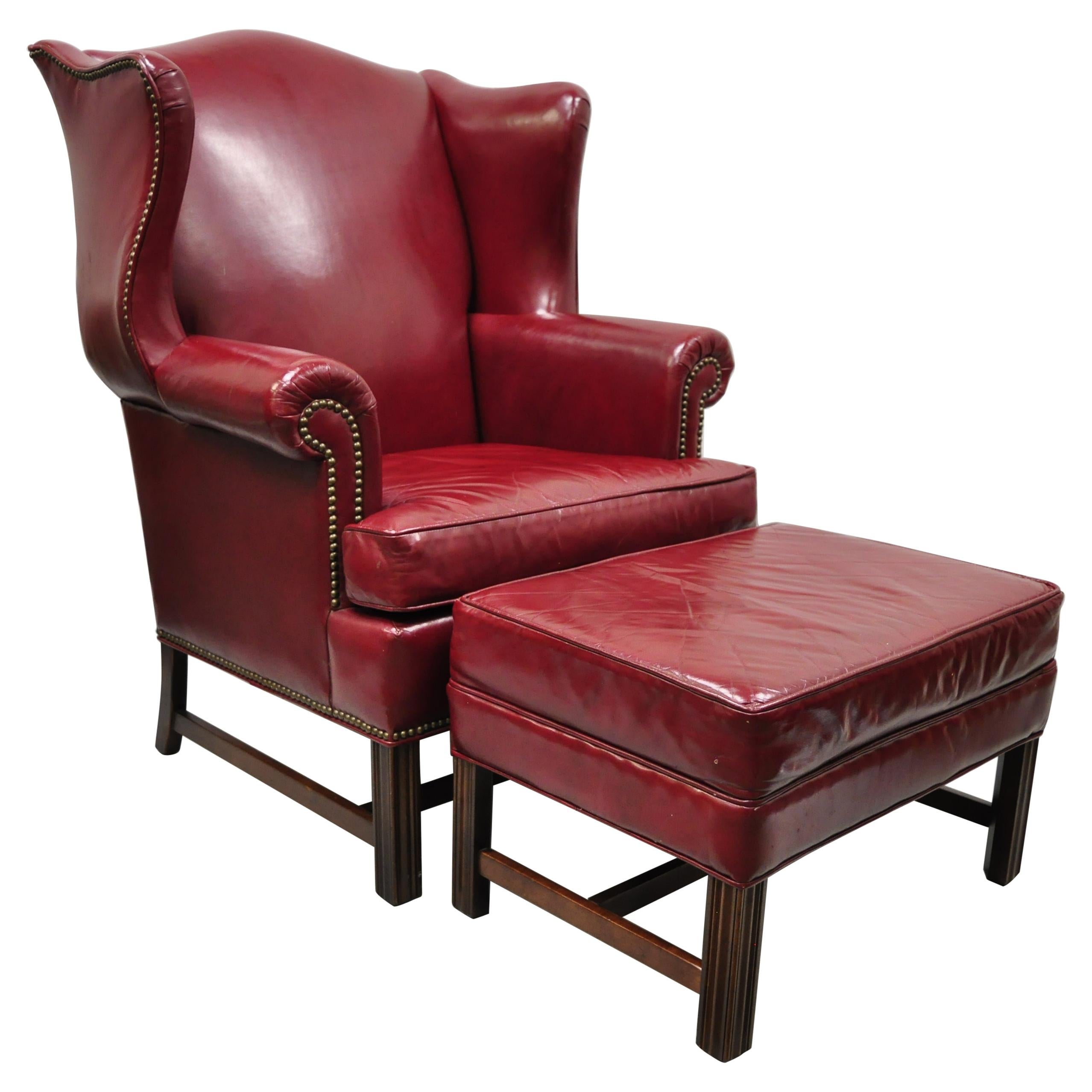 Ethan Allen English Georgian Burgundy Red Leather Wingback Lounge Chair Ottoman