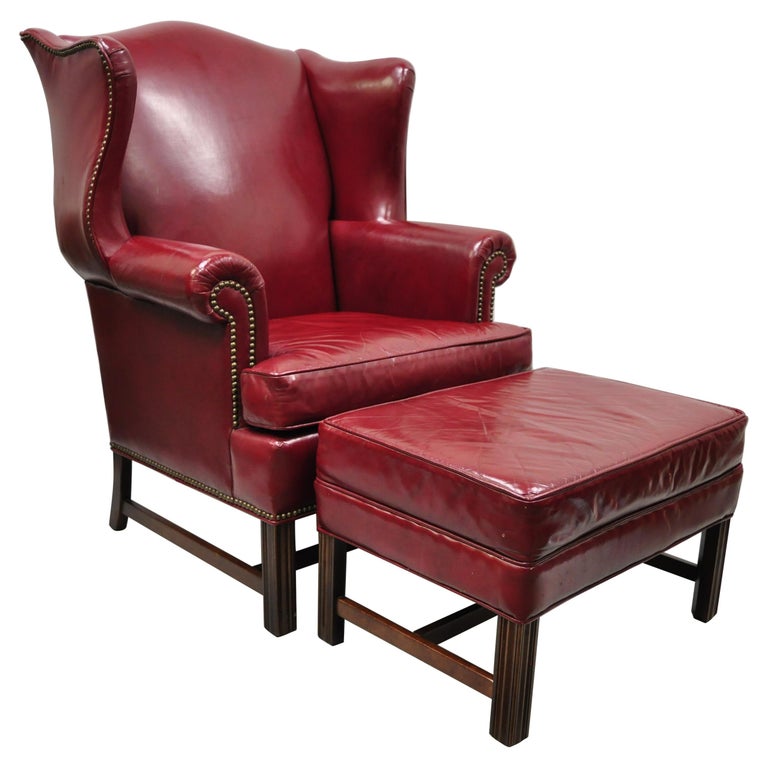 Ethan Allen English Burgundy Red Leather Wingback Lounge Chair