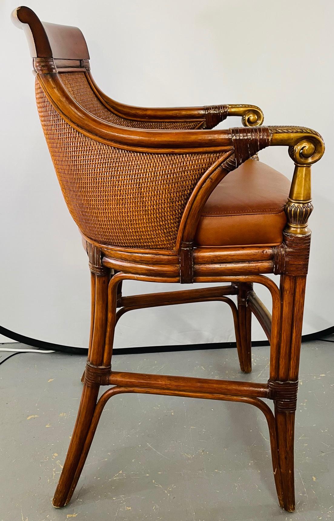 Wood Ethan Allen Faux Bamboo Rattan and Leather Seat Bar Stools, a Pair