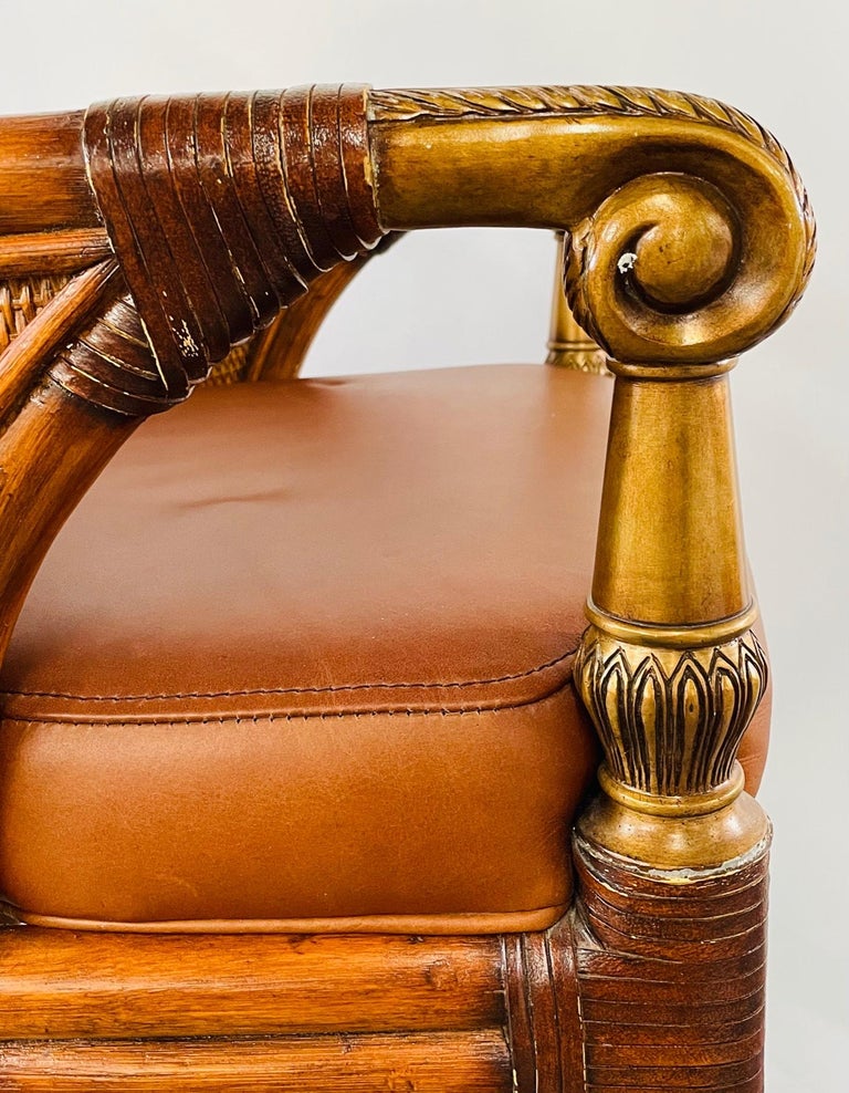 Ethan Allen Faux Bamboo Rattan and Leather Seat Bar Stools, a Pair at