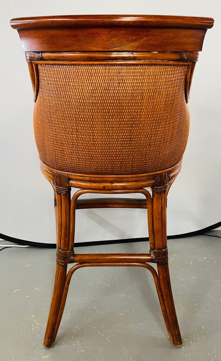 Ethan Allen Faux Bamboo Rattan and Leather Seat Bar Stools, a Pair at