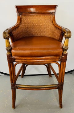 Ethan Allen Faux Bamboo Rattan and Leather Seat Bar Stools, a Pair