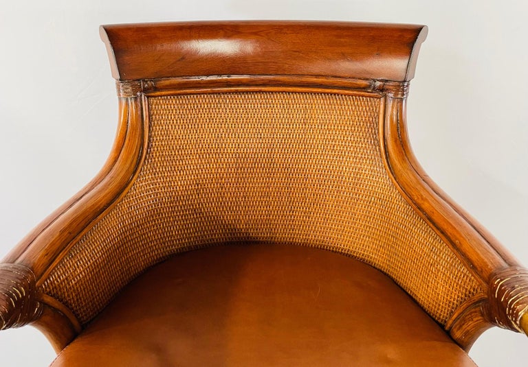 Ethan Allen Faux Bamboo Rattan and Leather Seat Bar Stools, a Pair at