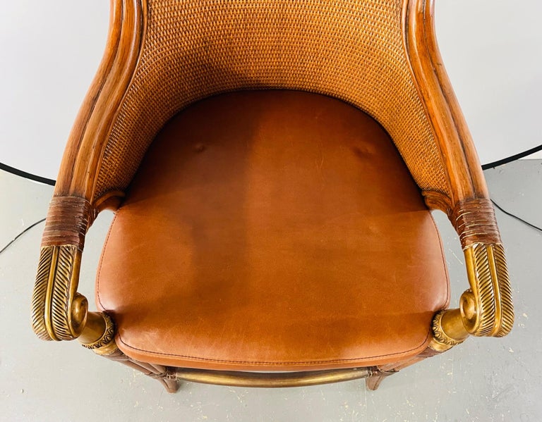 Ethan Allen Faux Bamboo Rattan and Leather Seat Bar Stools, a Pair at