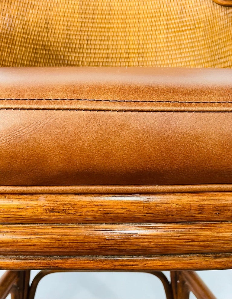 Ethan Allen Faux Bamboo Rattan and Leather Seat Bar Stools, a Pair at