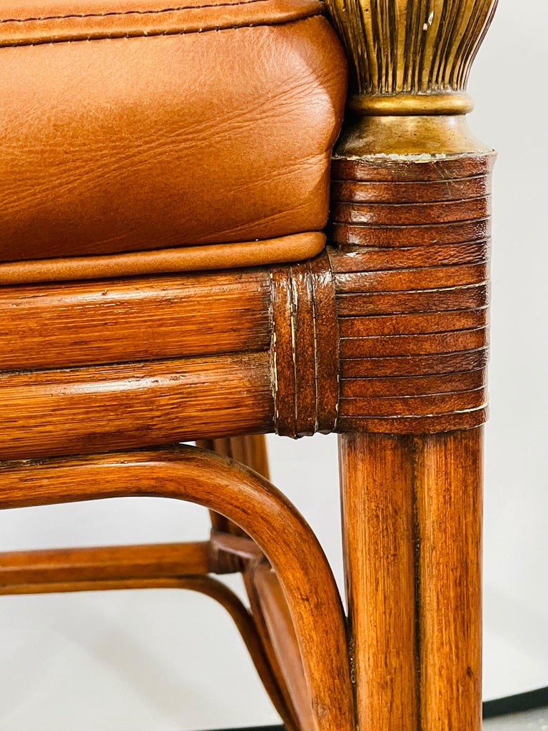 Ethan Allen Faux Bamboo Rattan and Leather Seat Bar Stools, a Pair at