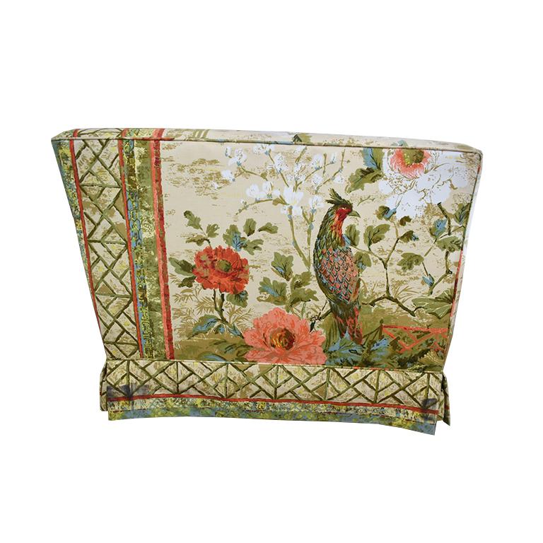 Chinoiserie peacock sofa with beautiful floral print. All cushions top cushions are down filled and bottom cushions are foam. Very comfortable. Sofa features deep seats and three cushions. Big enough to fit four people. Covered arms and low back