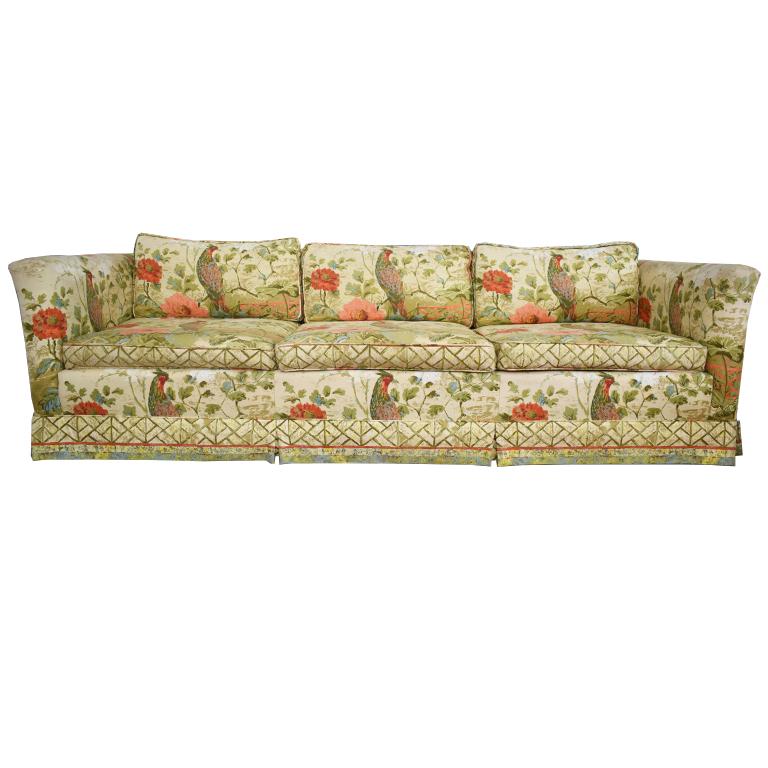 Ethan Allen Floral Chinoiserie Down Filled Peacock Sofa with Low Back Deep Seats