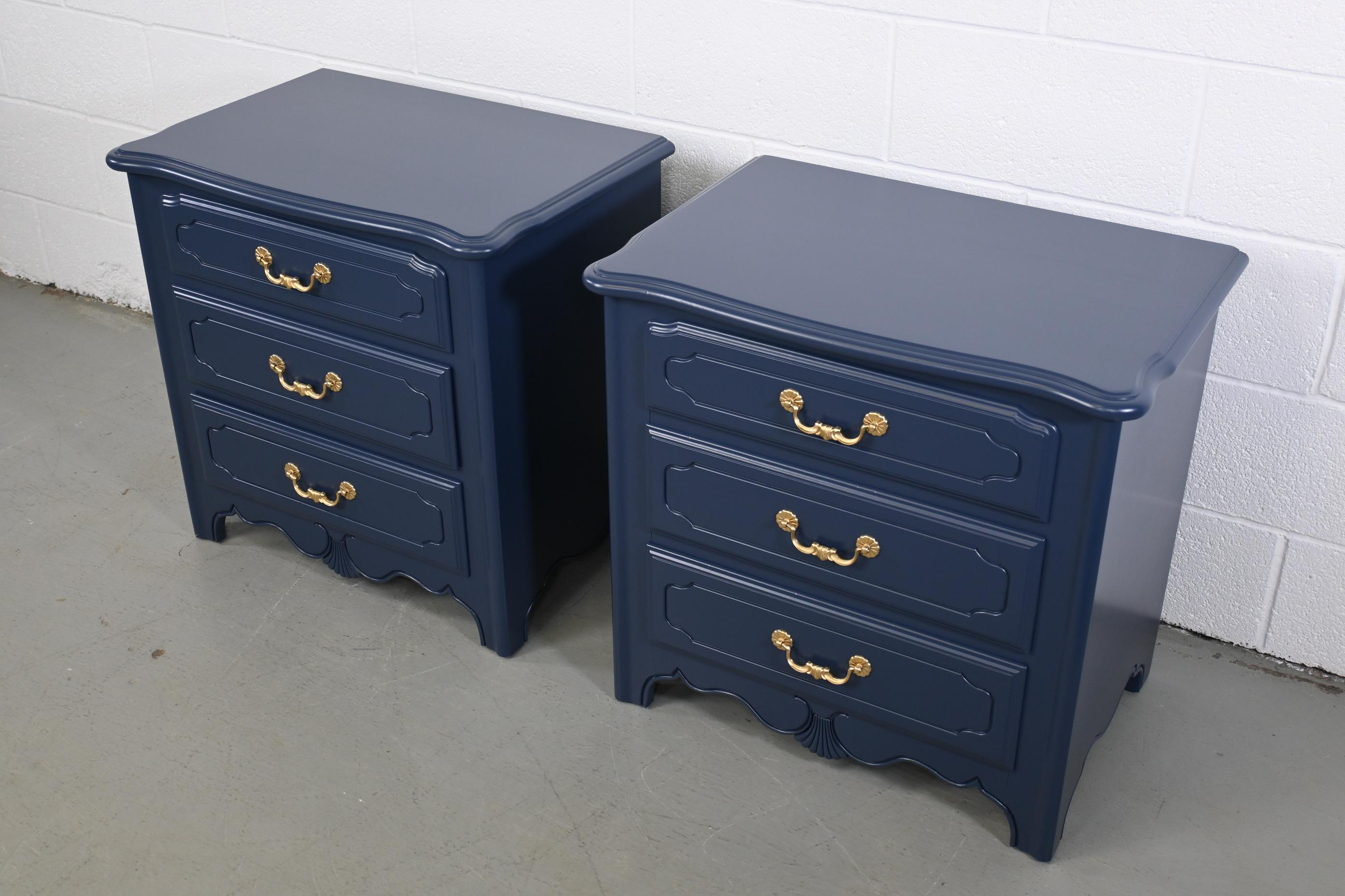 Lacquered Ethan Allen French Country Navy Nightstands - a Pair