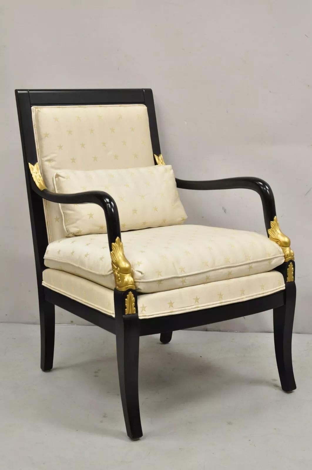 Ethan Allen French Empire Style Black Lacquer Gold Dolphin Upholstered Arm Chair For Sale 5