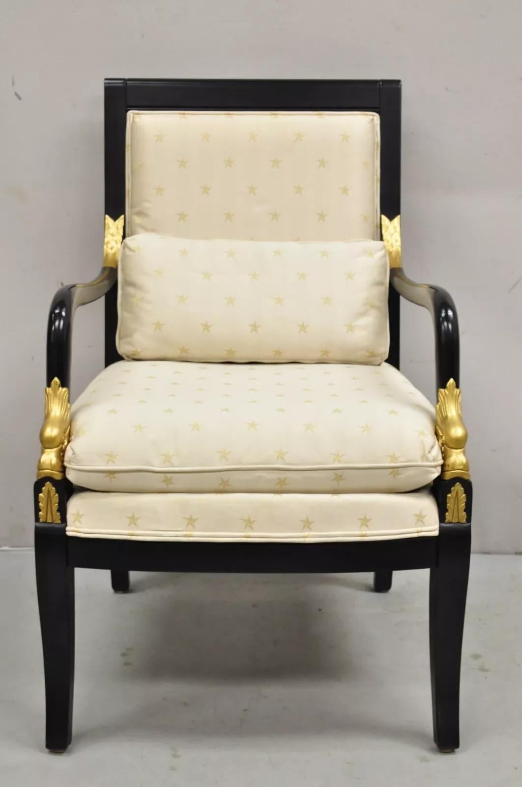 Ethan Allen French Empire Style Black Lacquer Gold Dolphin Upholstered Arm Chair. Circa Late 20th Century. Measurements: 37