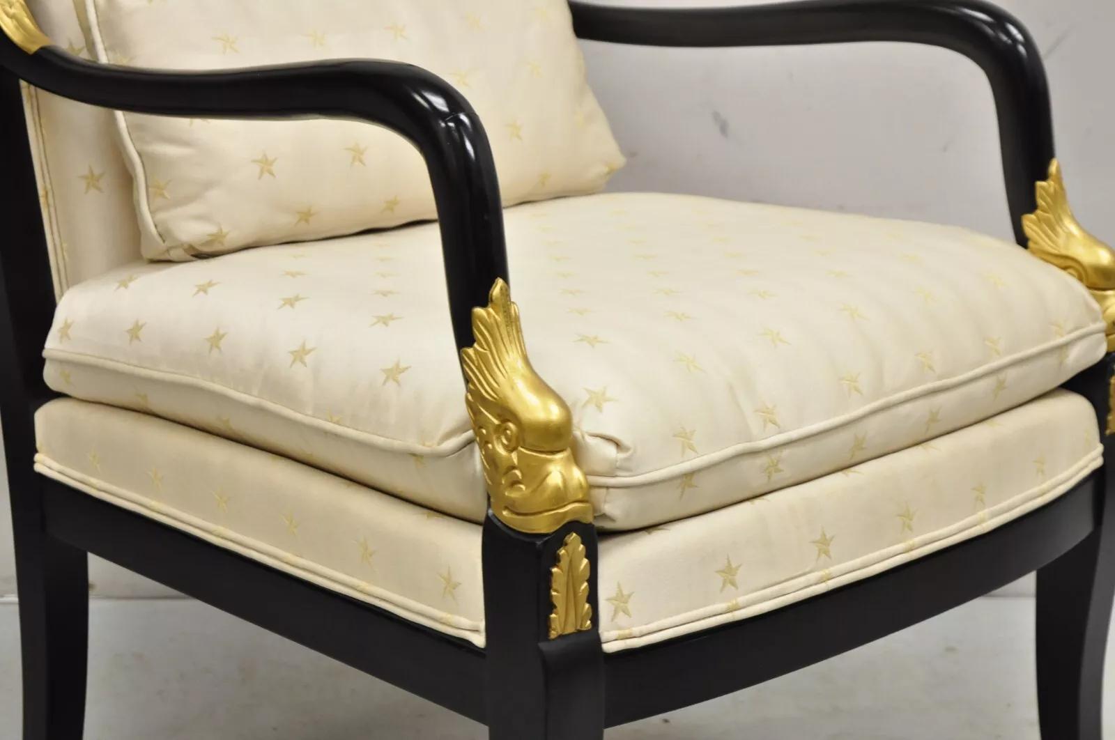 Unknown Ethan Allen French Empire Style Black Lacquer Gold Dolphin Upholstered Arm Chair For Sale