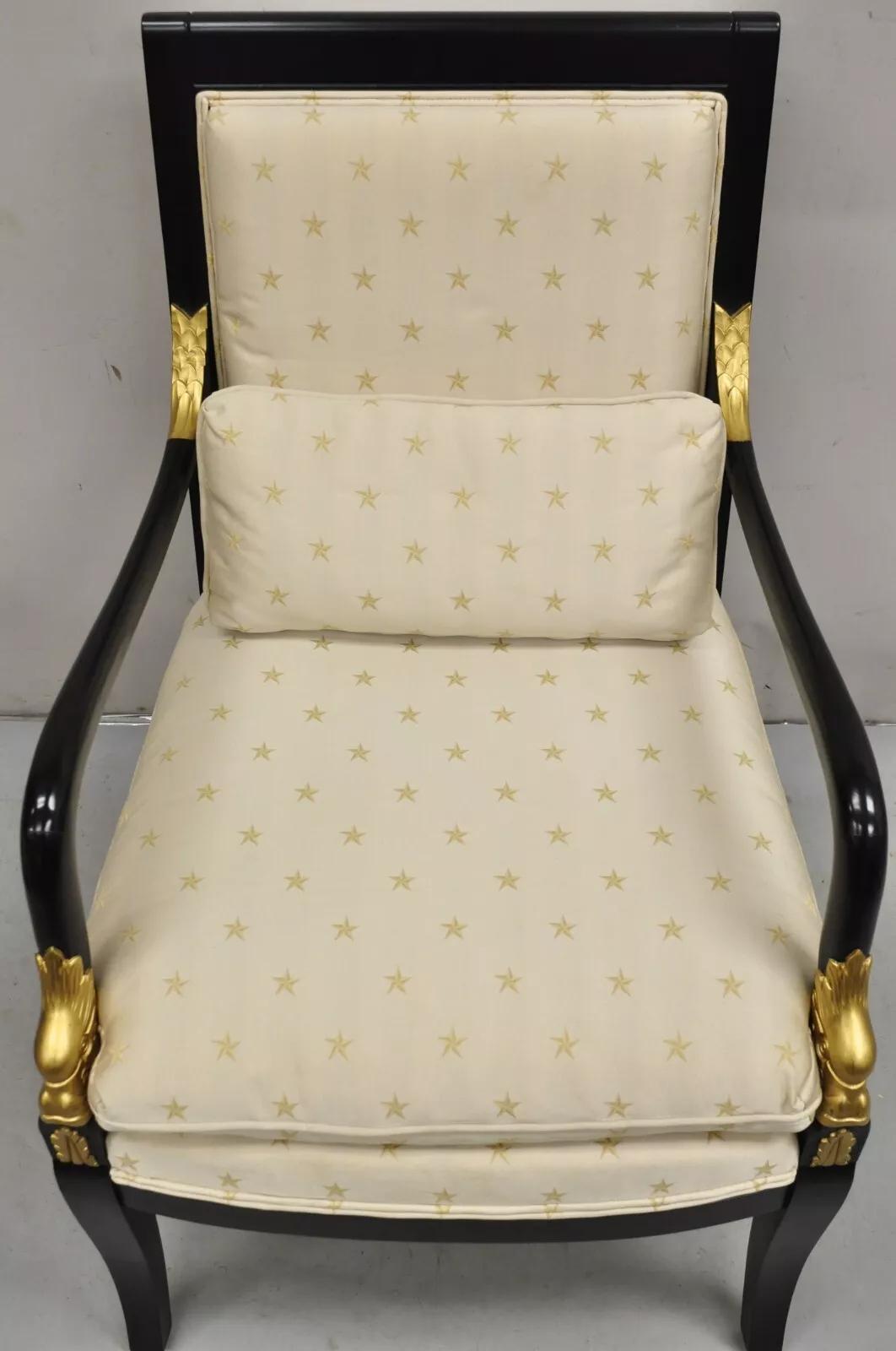 Ethan Allen French Empire Style Black Lacquer Gold Dolphin Upholstered Arm Chair In Good Condition For Sale In Philadelphia, PA
