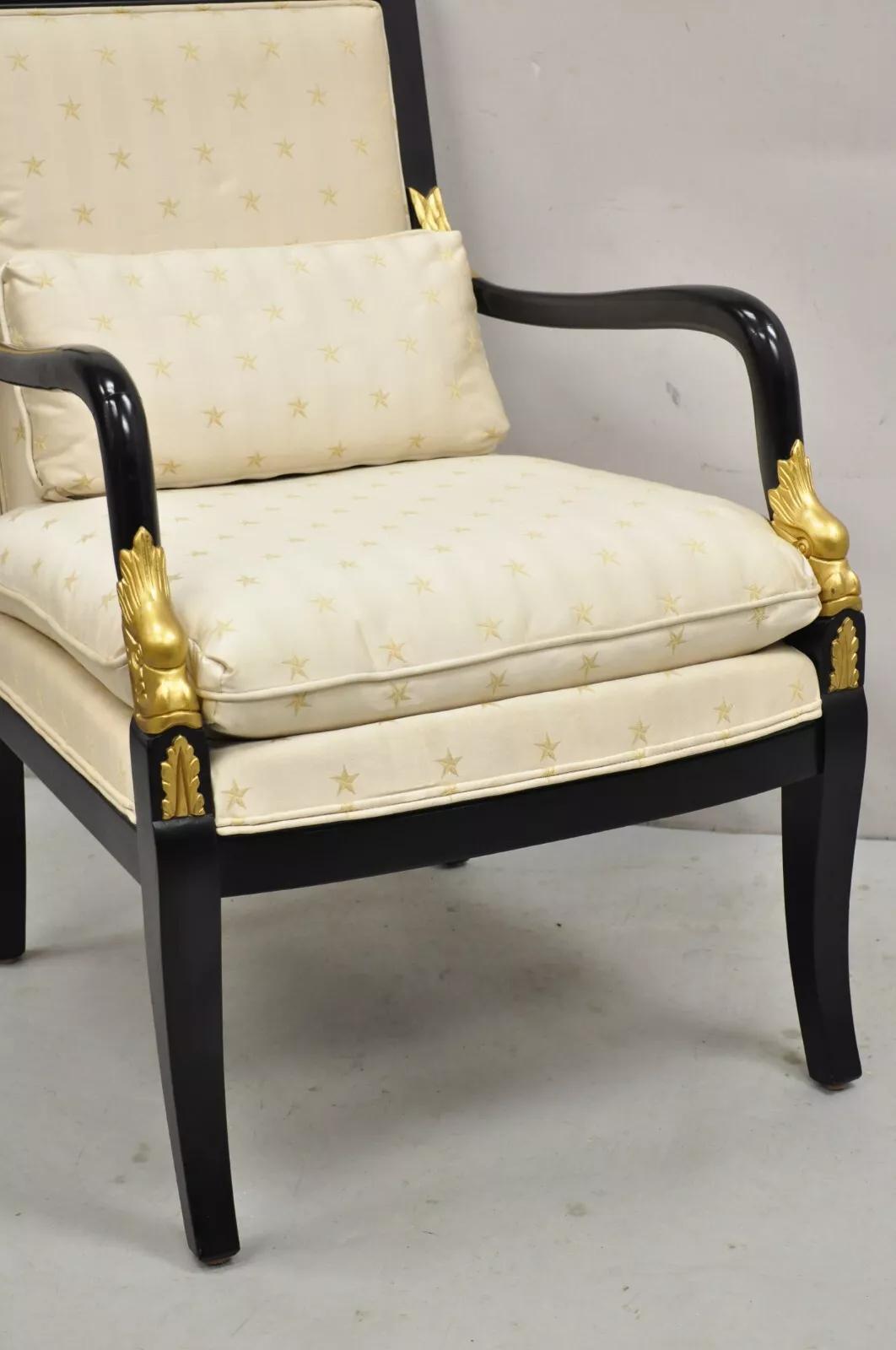 Ethan Allen French Empire Style Black Lacquer Gold Dolphin Upholstered Arm Chair For Sale 2