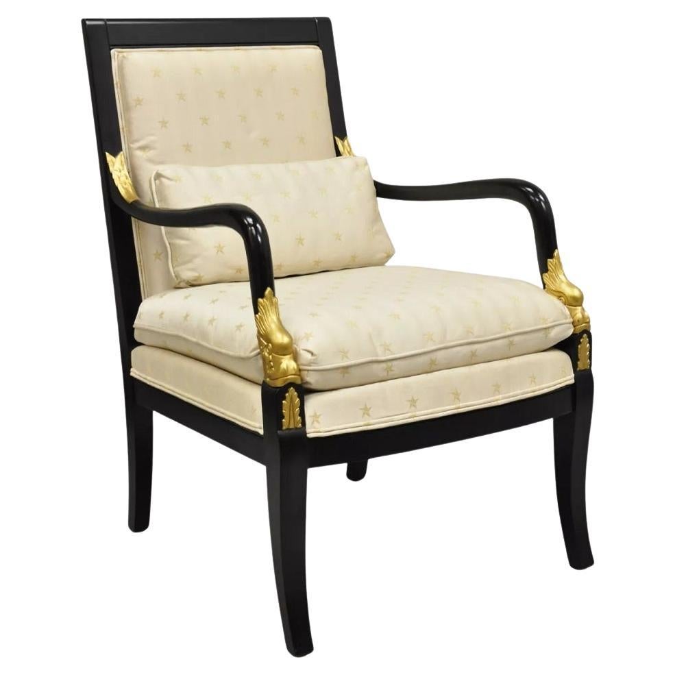 Ethan Allen French Empire Style Black Lacquer Gold Dolphin Upholstered Arm Chair For Sale