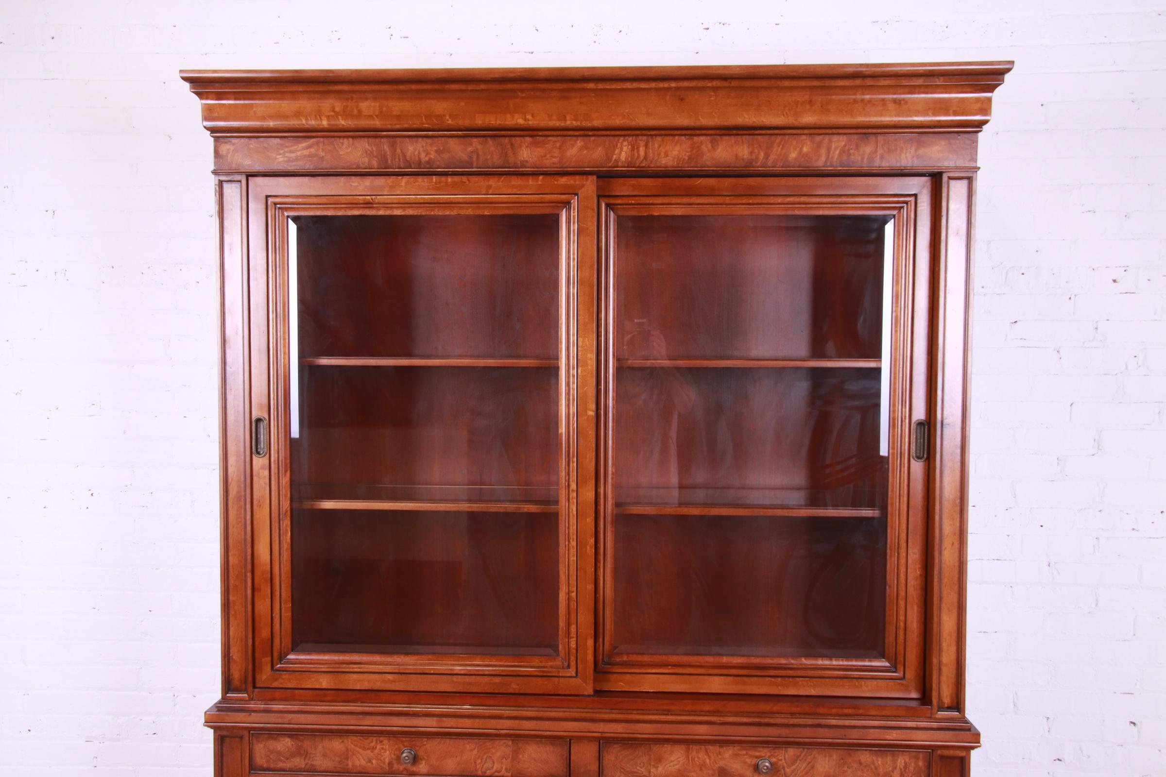 Ethan Allen French Louis Philippe Burl Wood Lighted Breakfront Bookcase Cabinet 6