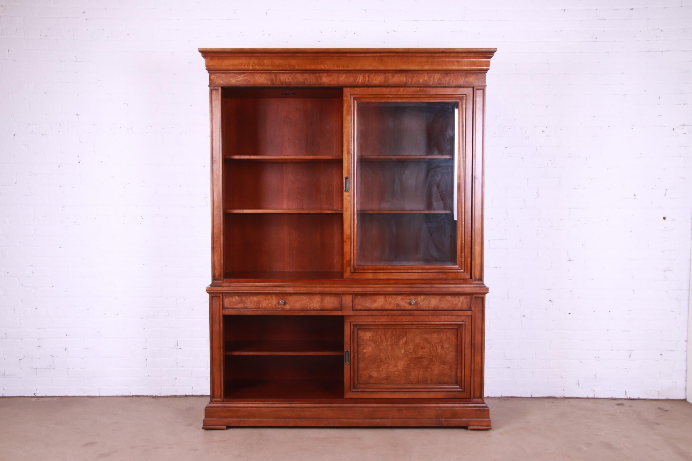 Ethan Allen French Louis Philippe Burl Wood Lighted Breakfront Bookcase Cabinet In Good Condition In South Bend, IN