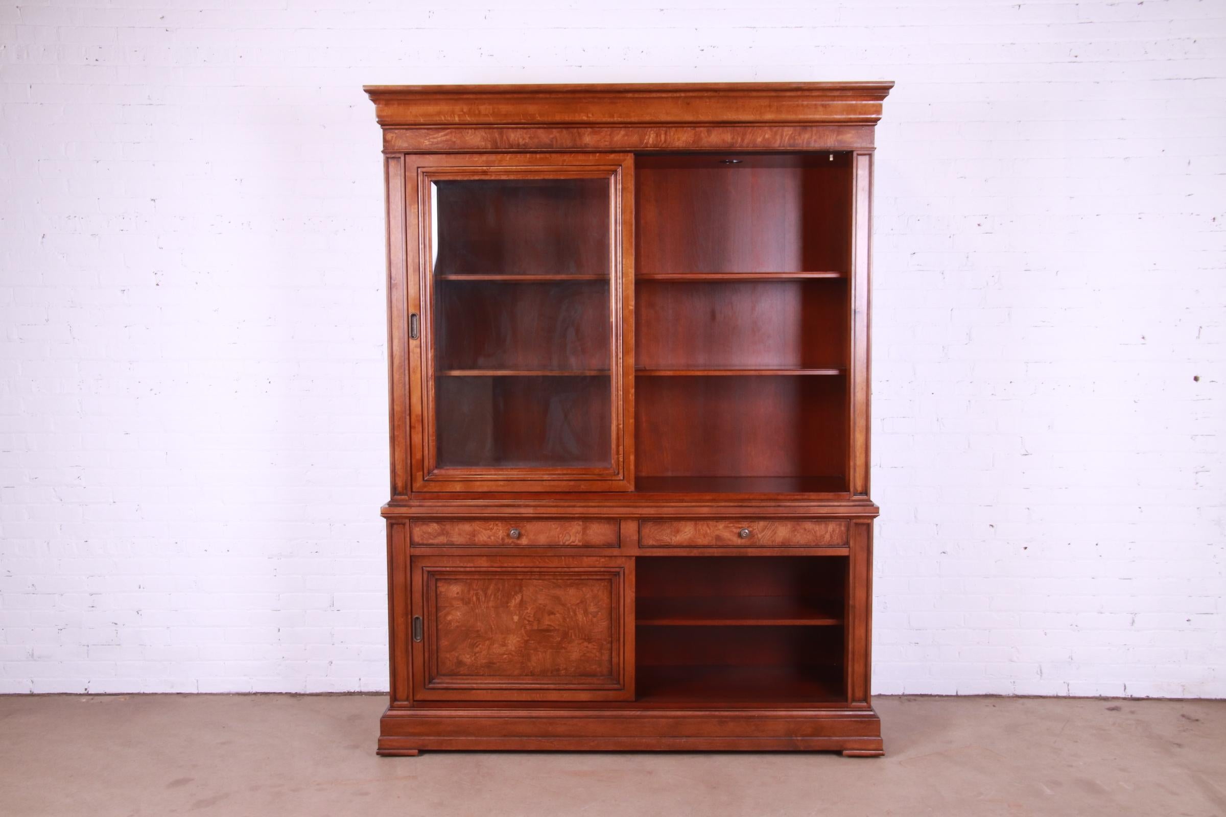 20th Century Ethan Allen French Louis Philippe Burl Wood Lighted Breakfront Bookcase Cabinet