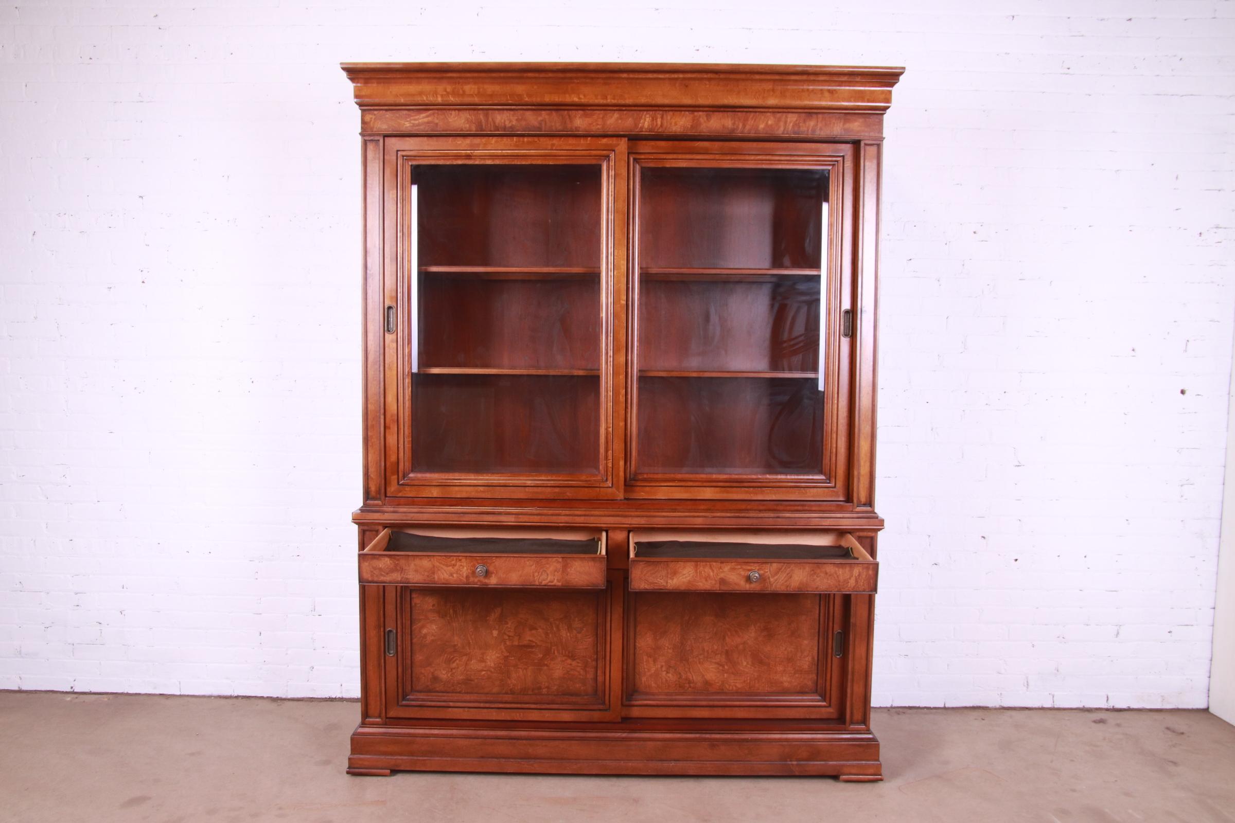 Brass Ethan Allen French Louis Philippe Burl Wood Lighted Breakfront Bookcase Cabinet