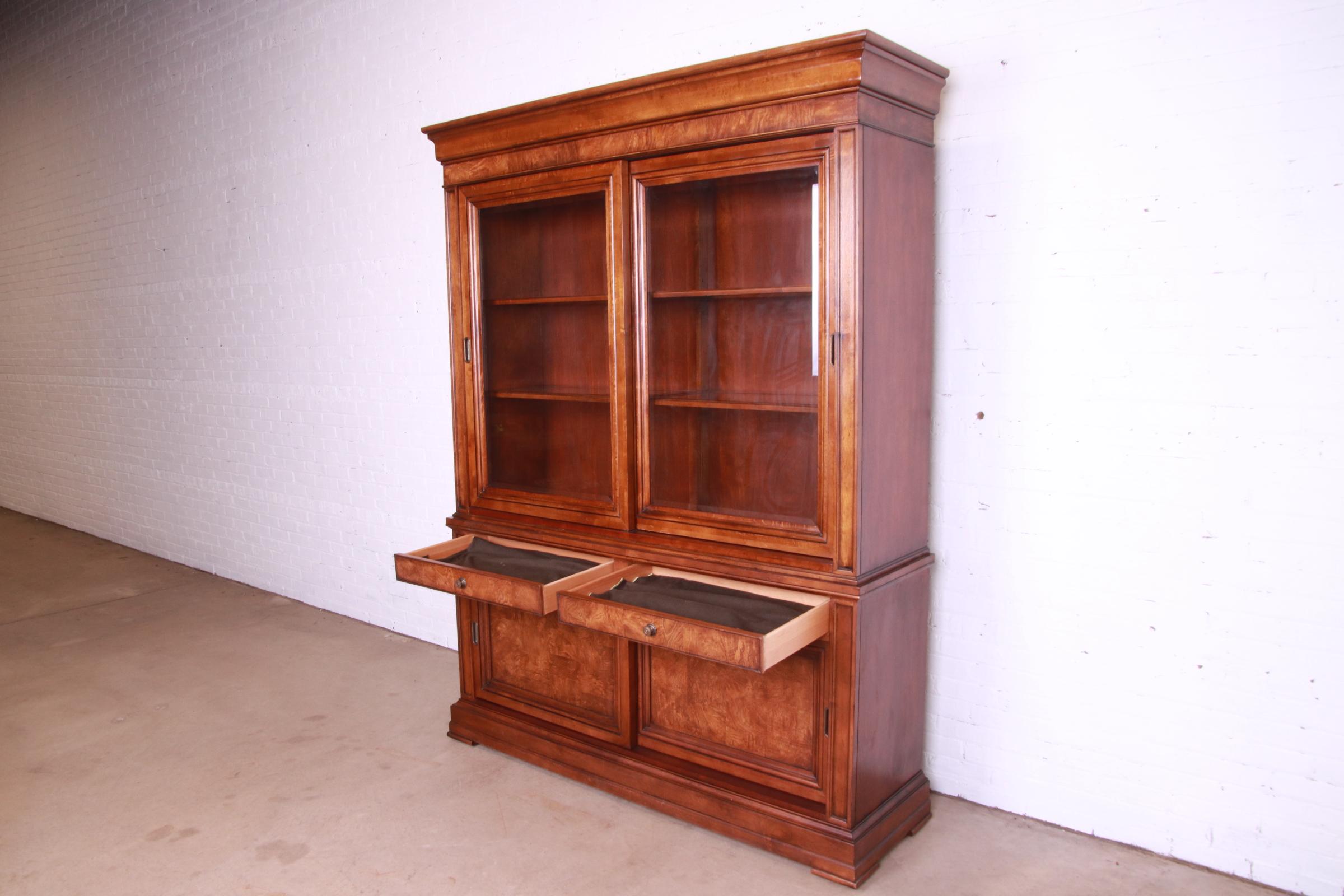 Ethan Allen French Louis Philippe Burl Wood Lighted Breakfront Bookcase Cabinet 1
