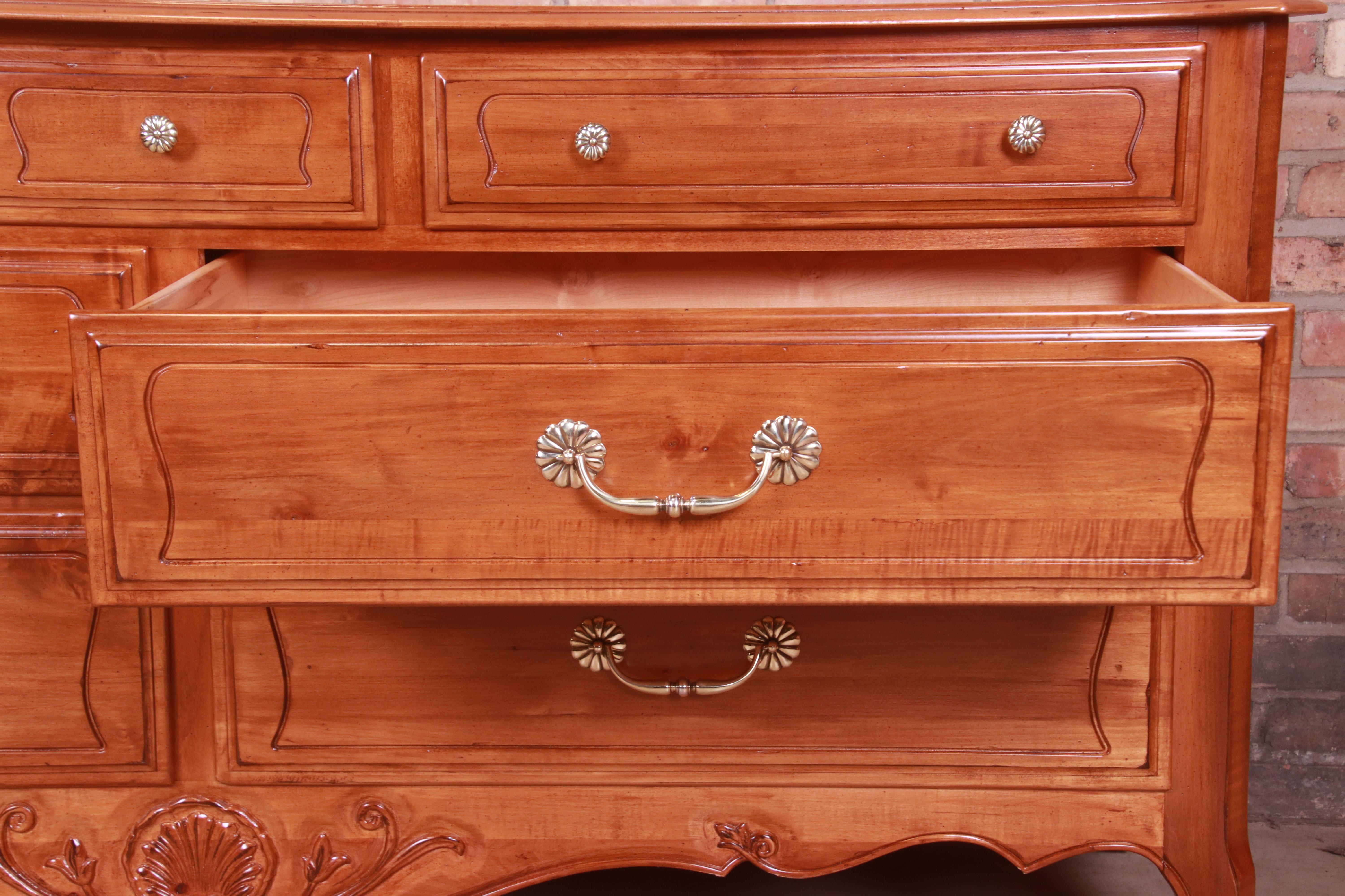 French Provincial Carved Cherry Wood Dresser or Credenza, Refinished For Sale 4