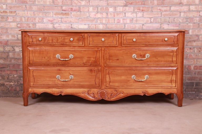 French Provincial Carved Cherry Wood Dresser or Credenza, Refinished
