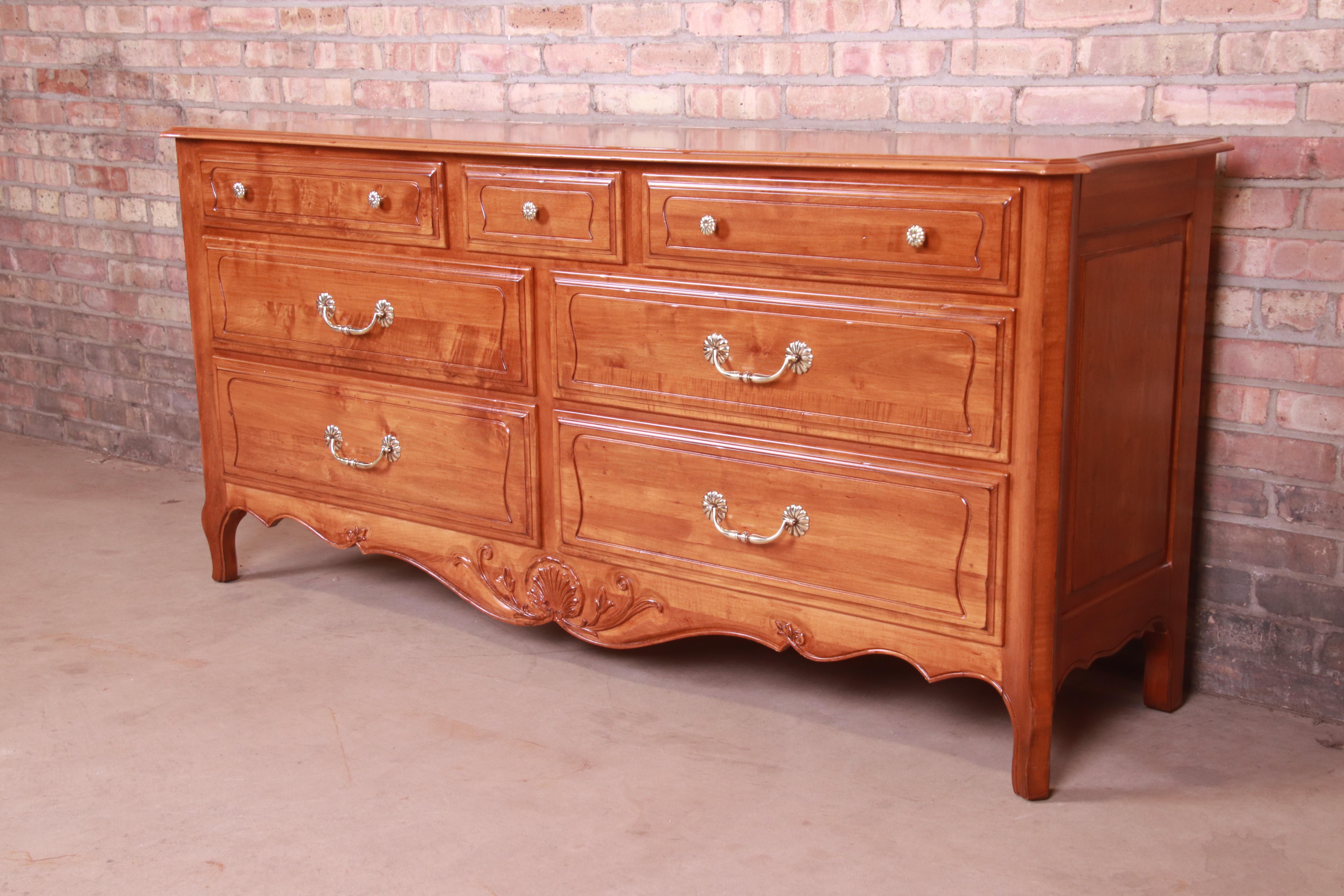 American French Provincial Carved Cherry Wood Dresser or Credenza, Refinished For Sale