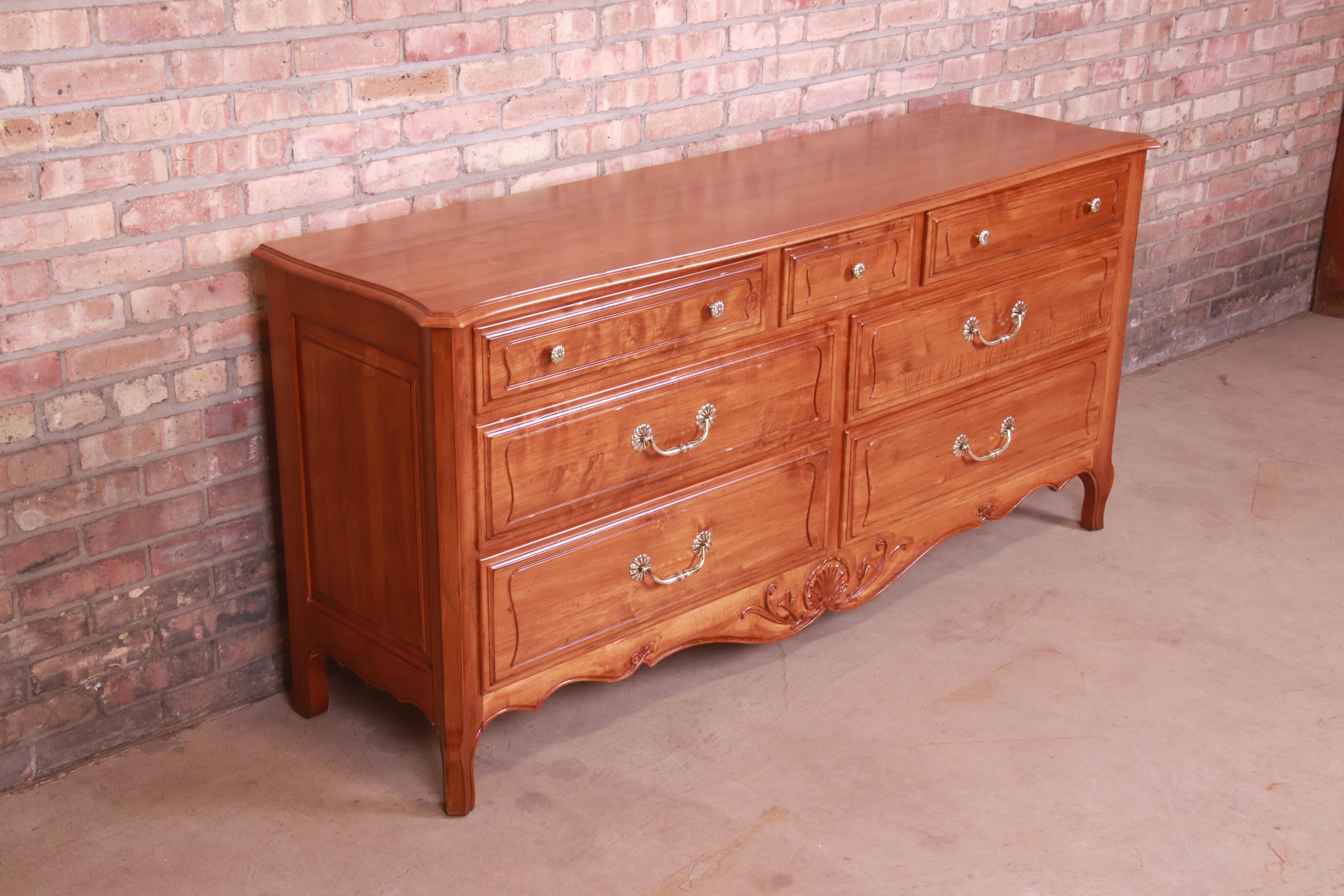 American French Provincial Carved Cherry Wood Dresser or Credenza, Refinished For Sale