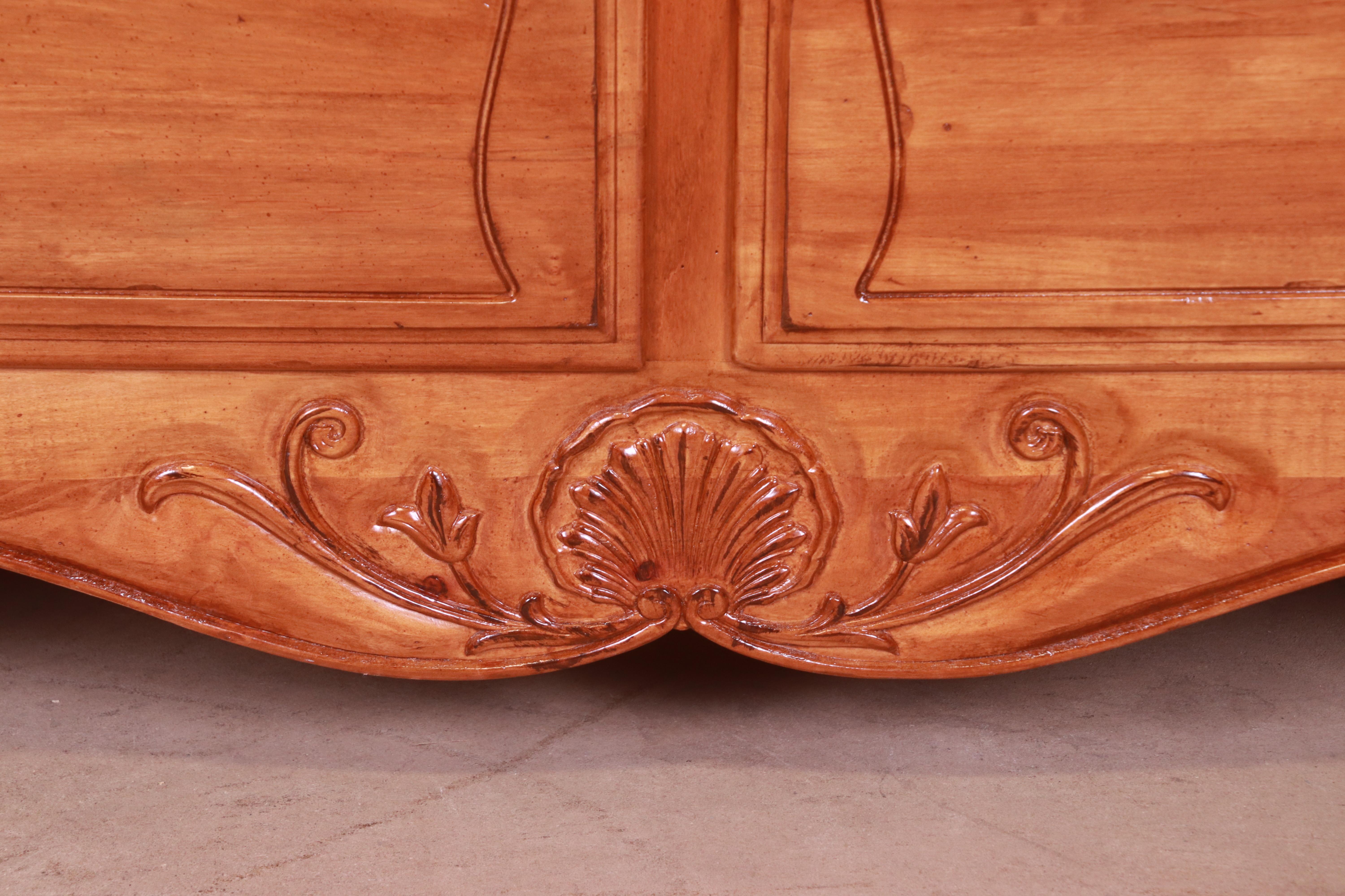 Brass French Provincial Carved Cherry Wood Dresser or Credenza, Refinished For Sale