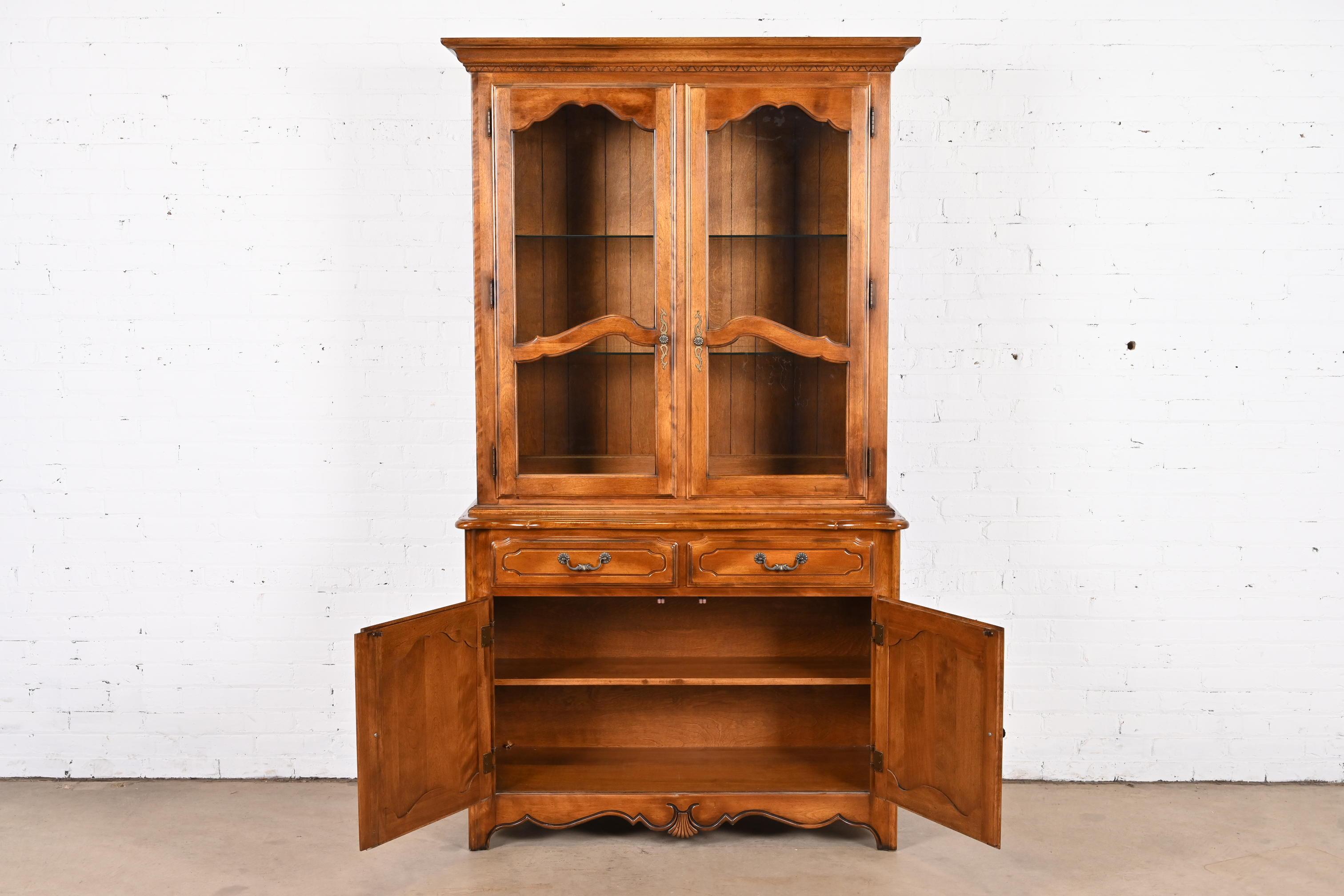 French Provincial Louis XV Birch Lighted Breakfront Bookcase Cabinet For Sale 1