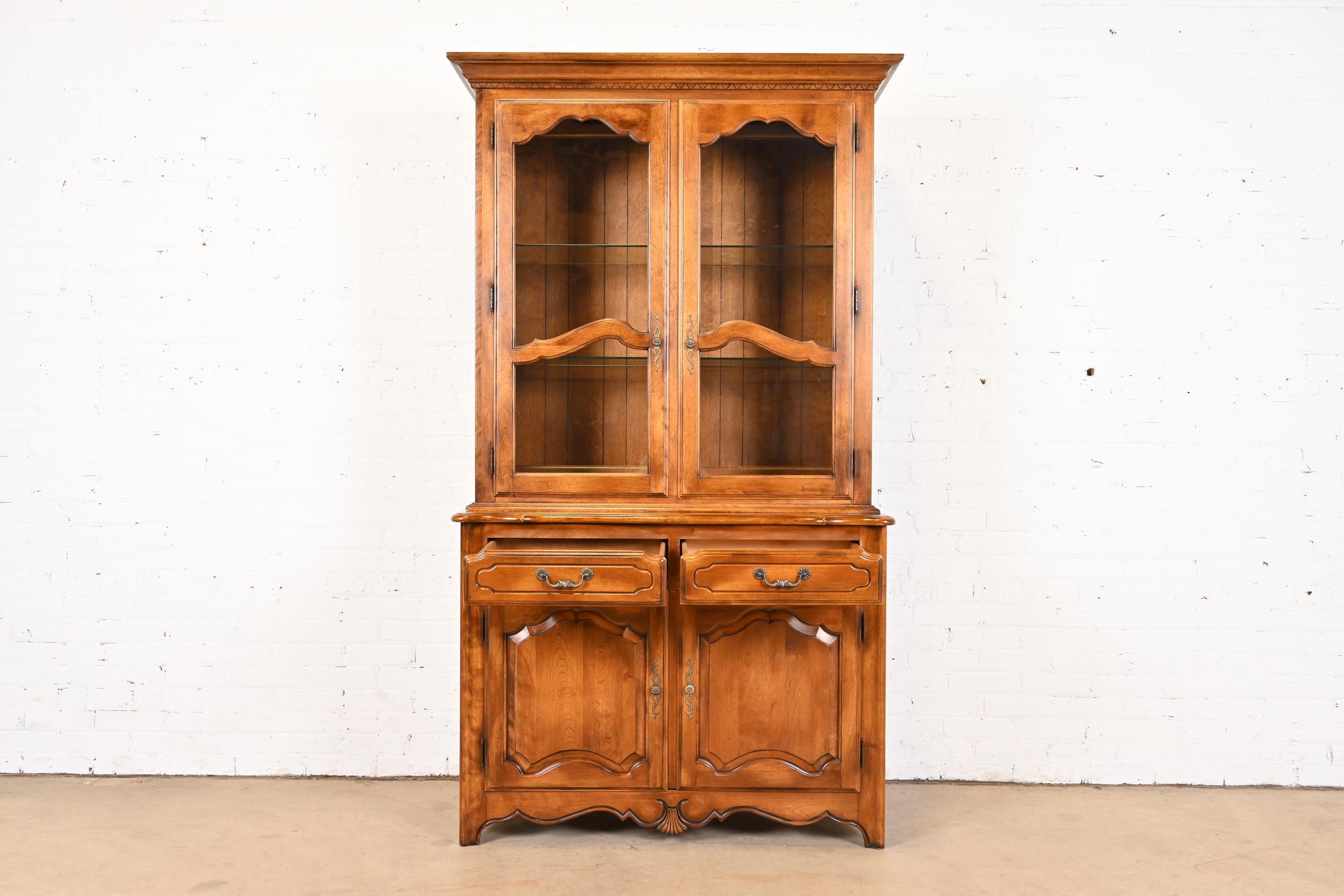 French Provincial Louis XV Birch Lighted Breakfront Bookcase Cabinet For Sale 2