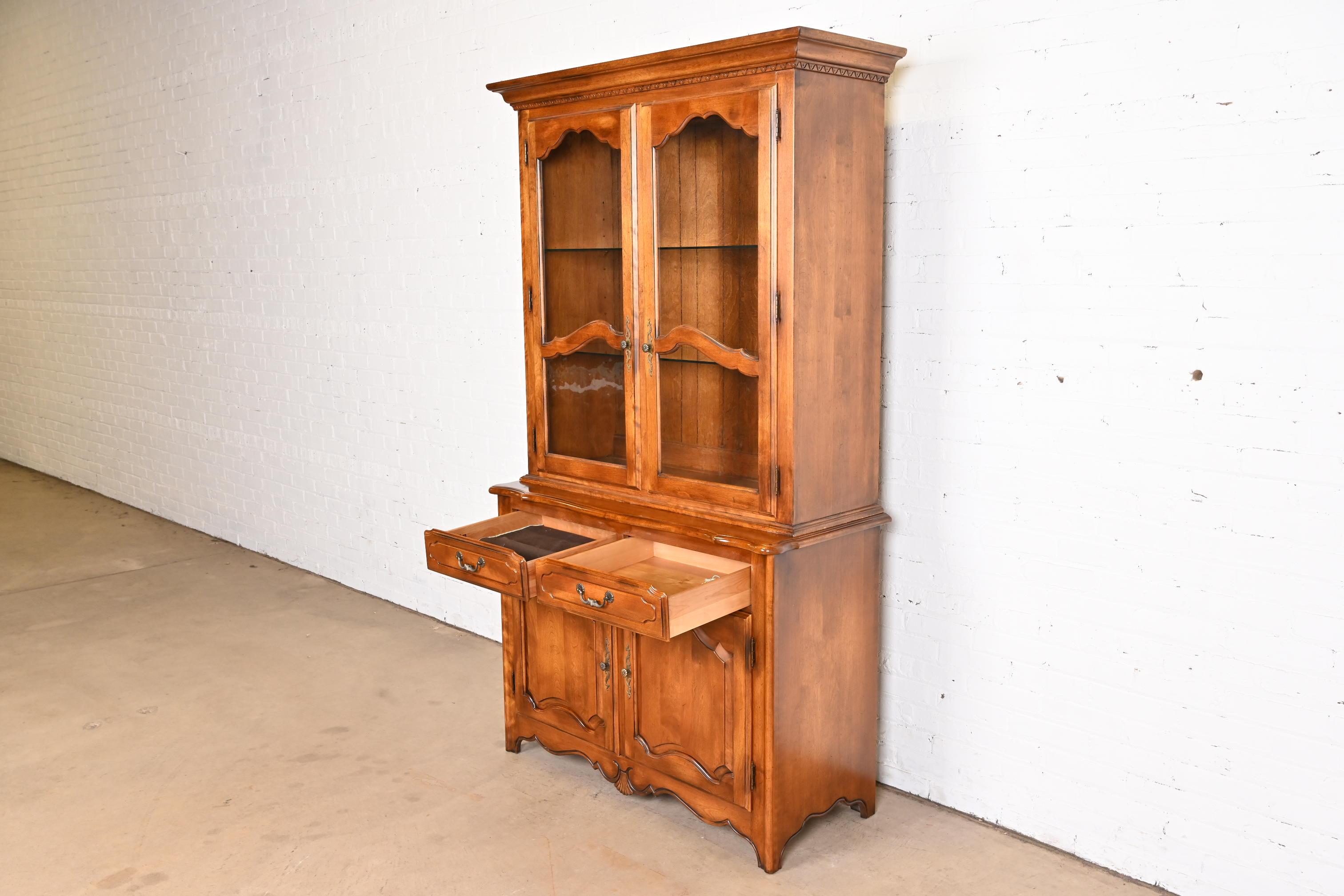 French Provincial Louis XV Birch Lighted Breakfront Bookcase Cabinet For Sale 3