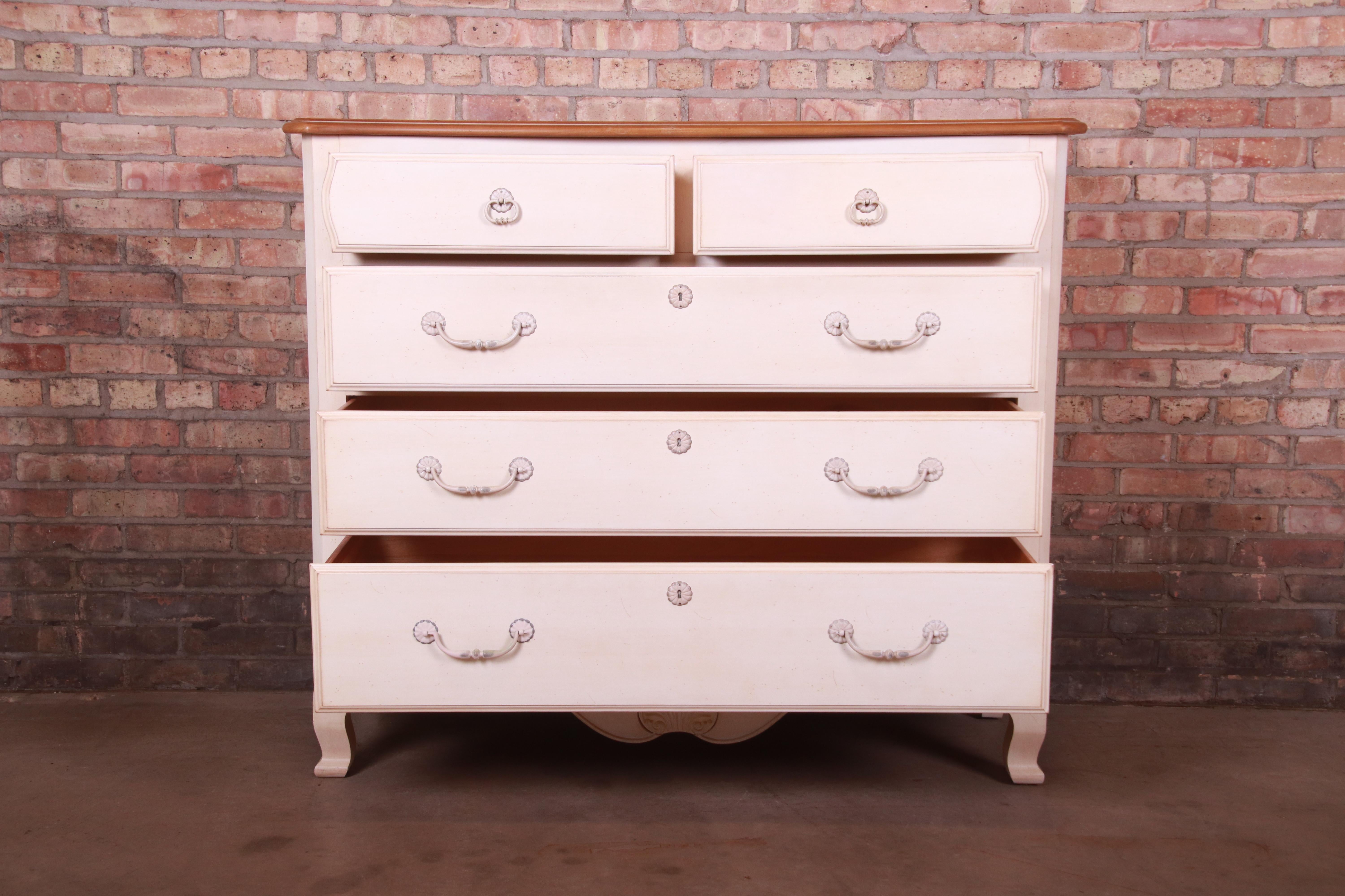 Ethan Allen French Provincial Louis XV White Lacquered Maple Chest of Drawers 6