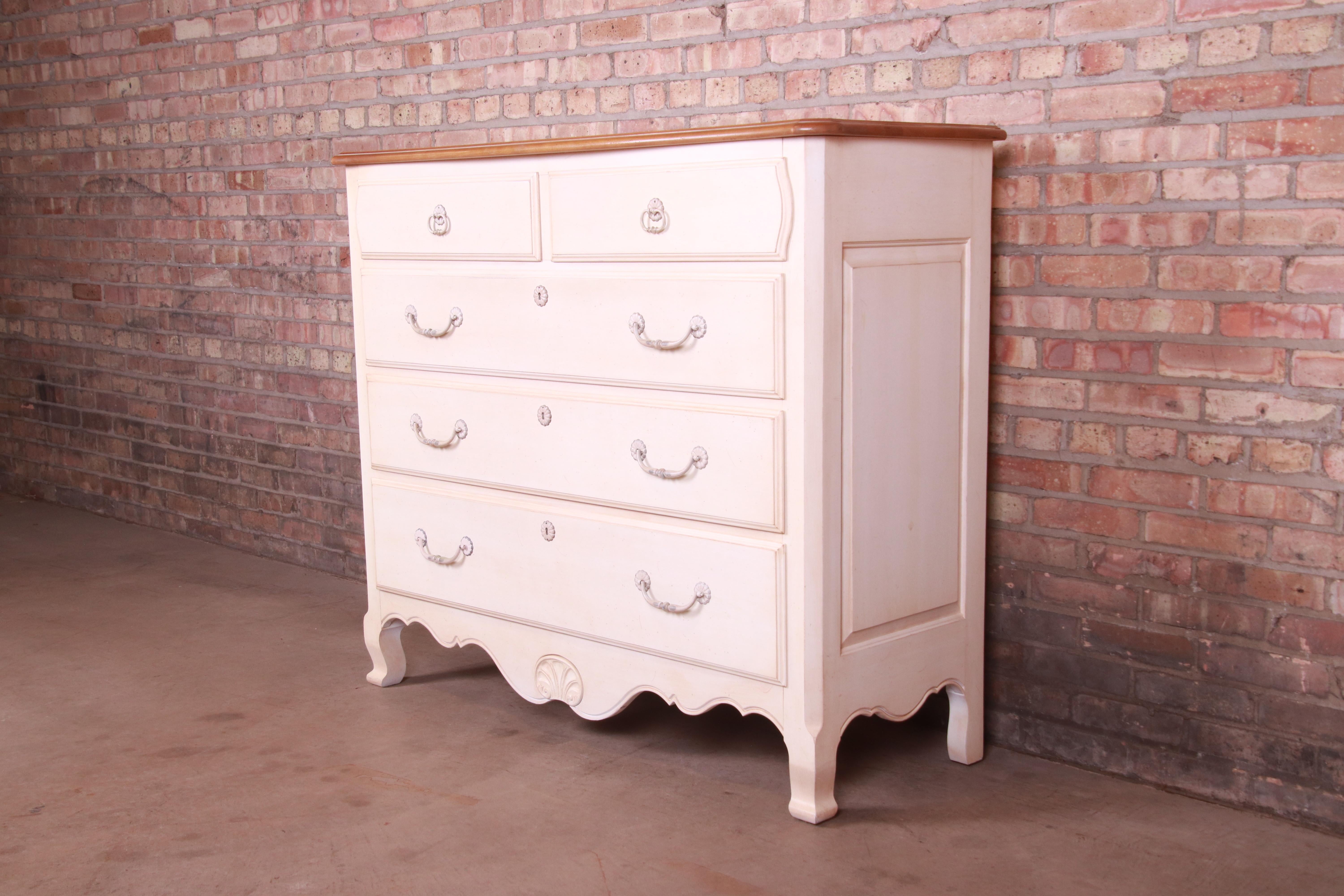 American Ethan Allen French Provincial Louis XV White Lacquered Maple Chest of Drawers
