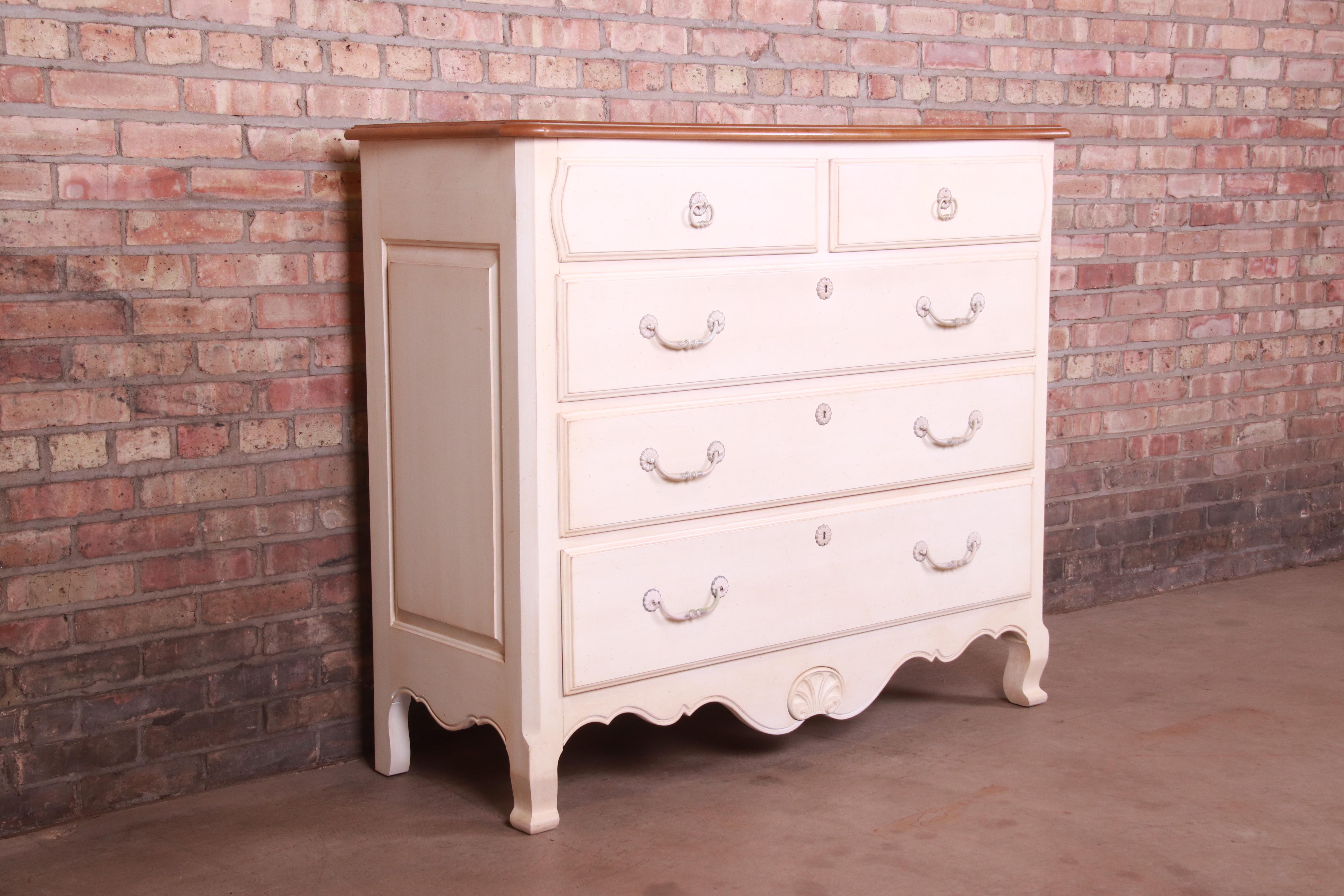 American Ethan Allen French Provincial Louis XV White Lacquered Maple Chest of Drawers
