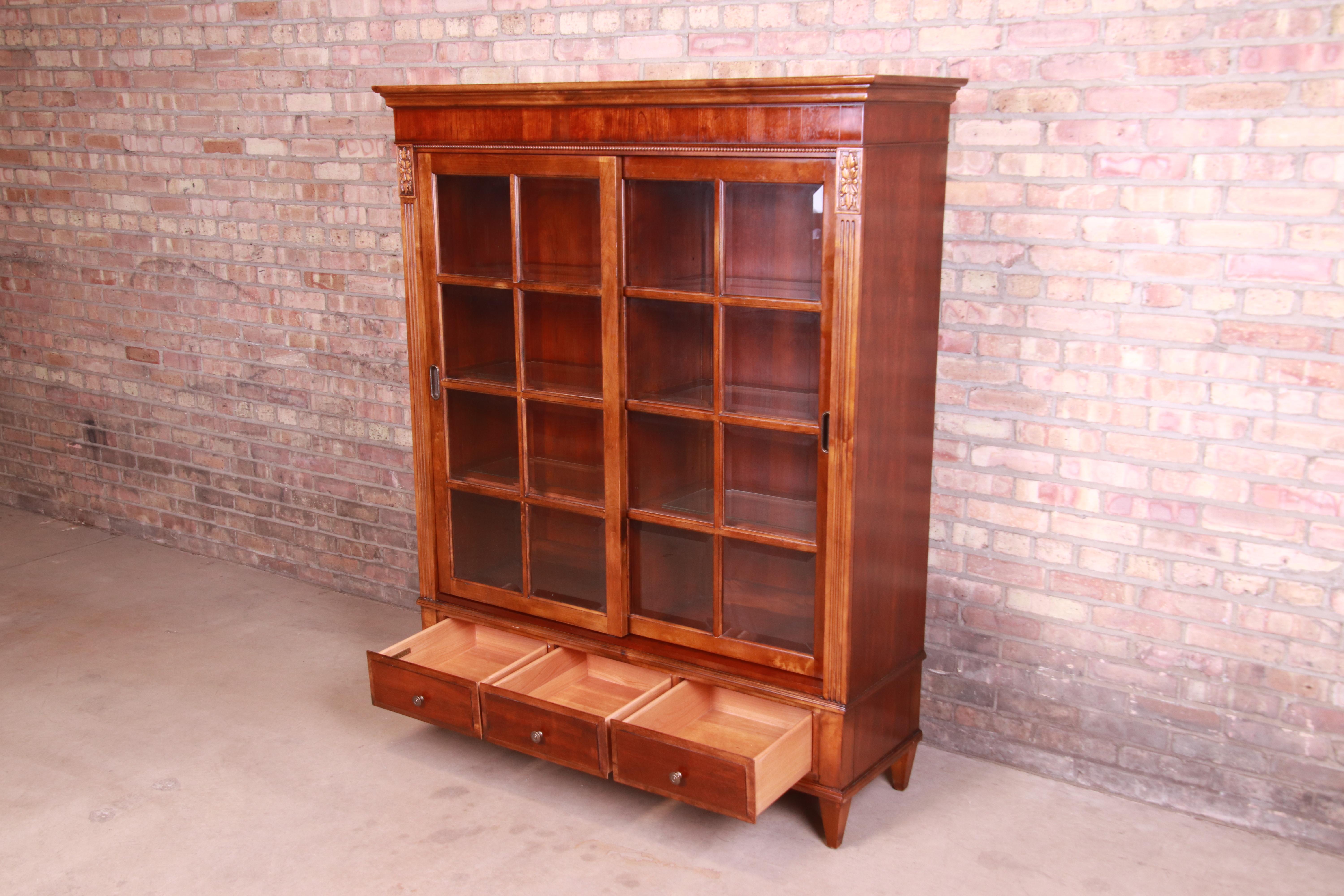 Glass Ethan Allen French Regency Cherry Wood Lighted Bookcase or Display Cabinet
