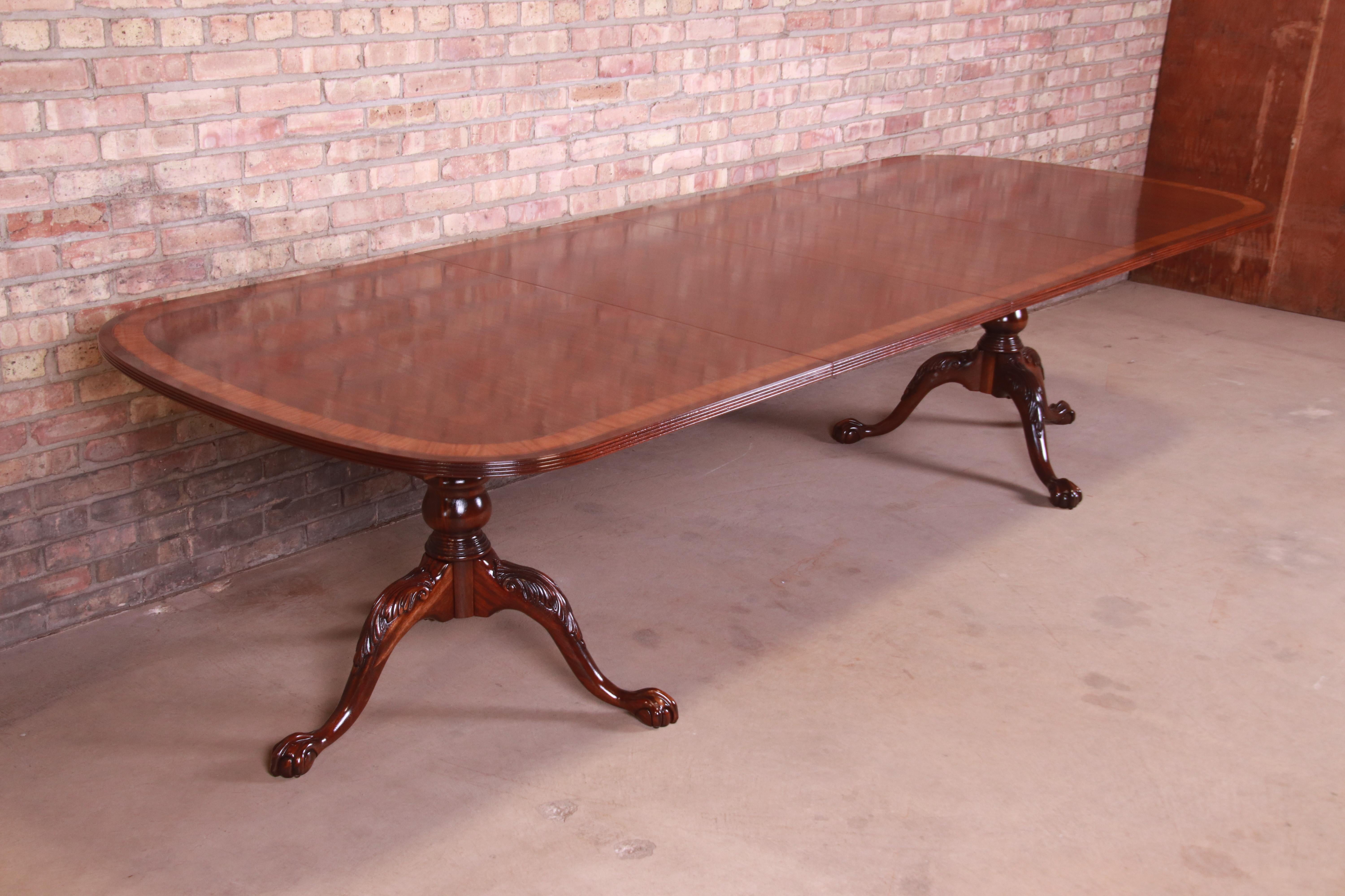 American Ethan Allen Georgian Banded Mahogany Double Pedestal Dining Table, Refinished