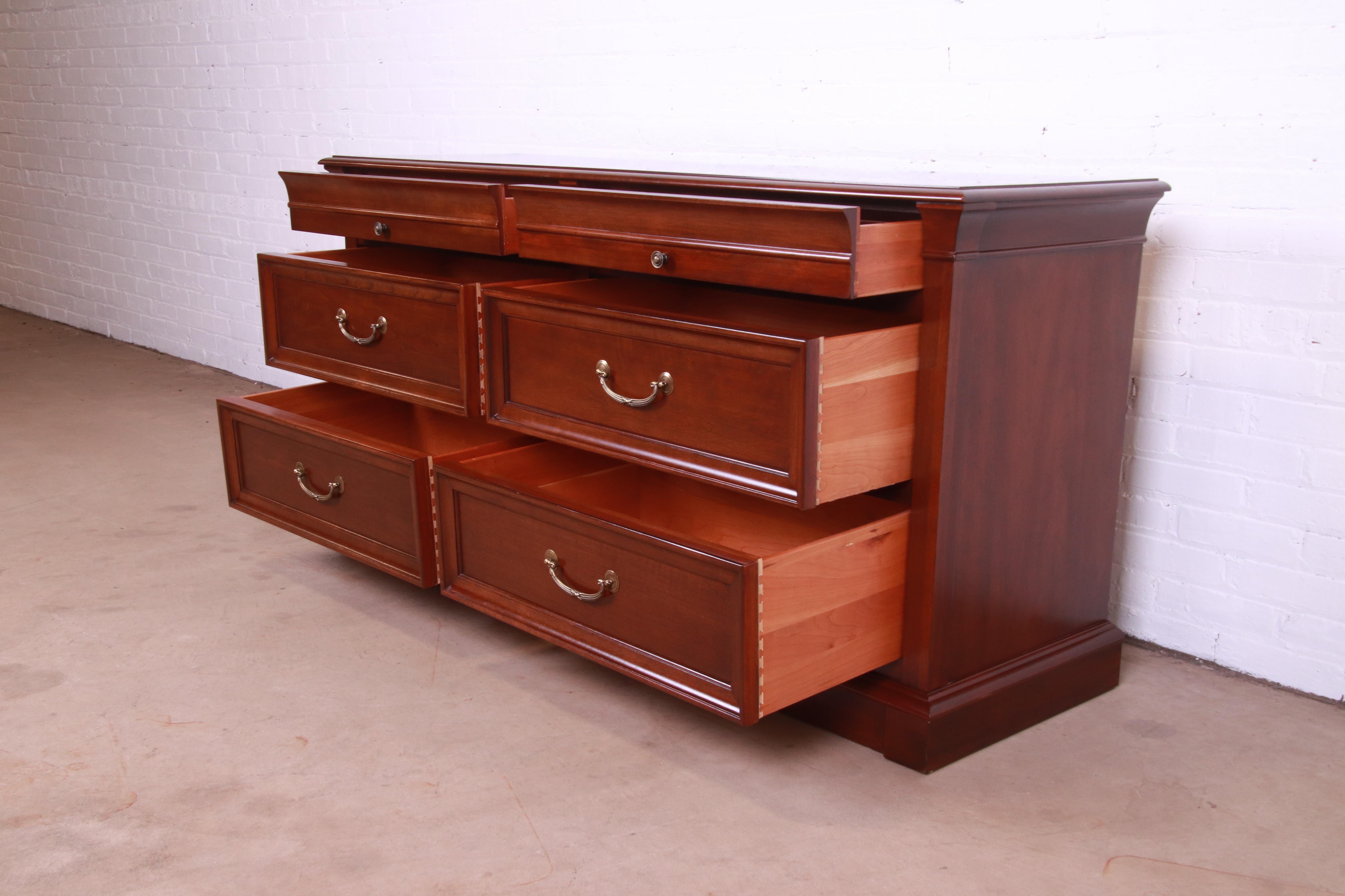 Brass Ethan Allen Georgian Cherry Wood Six-Drawer Dresser or Credenza