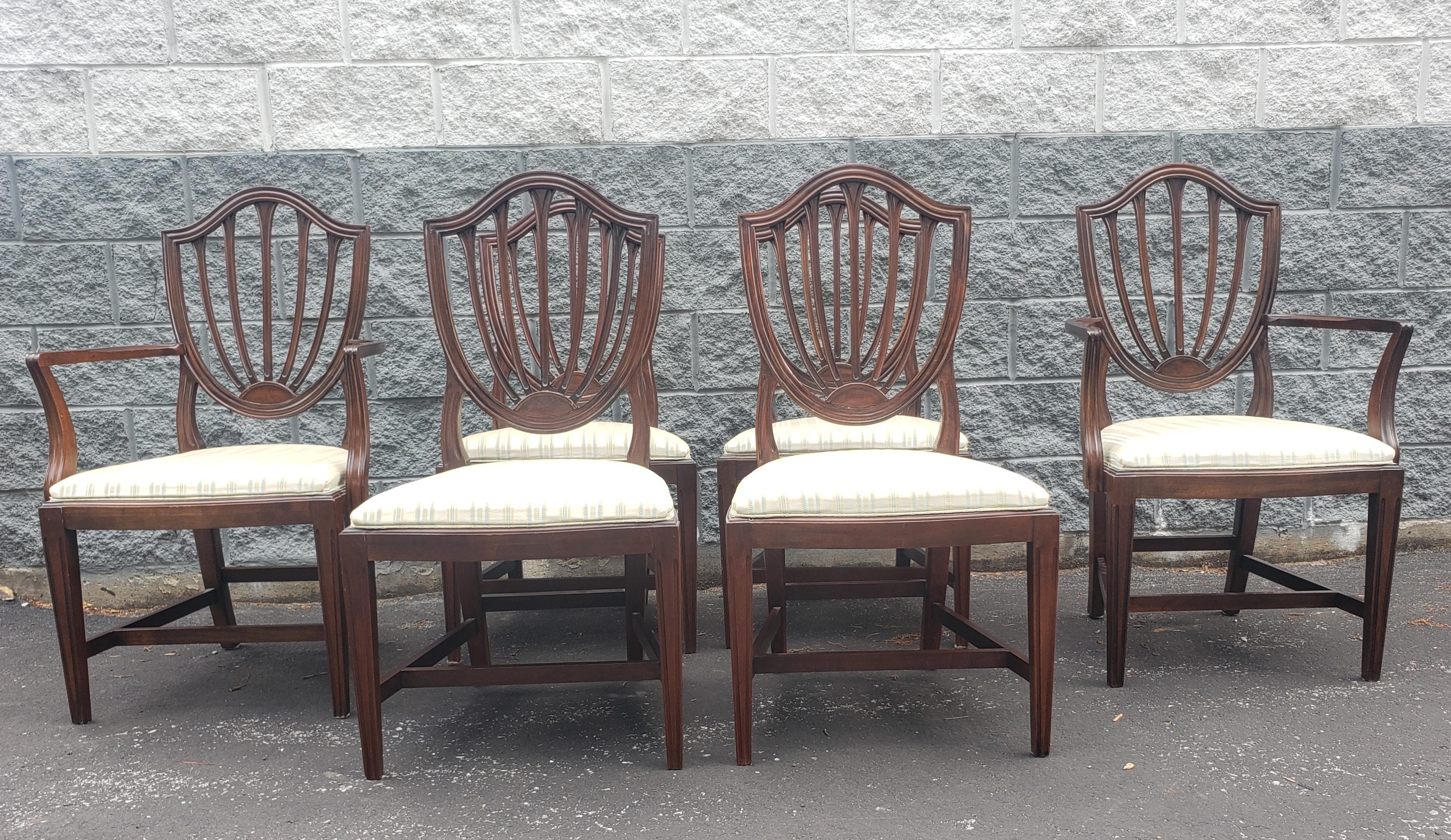 Ethan-Allen Georgian Ct Mahogany and Upholstered Shield Back Dining Chairs, Set 4