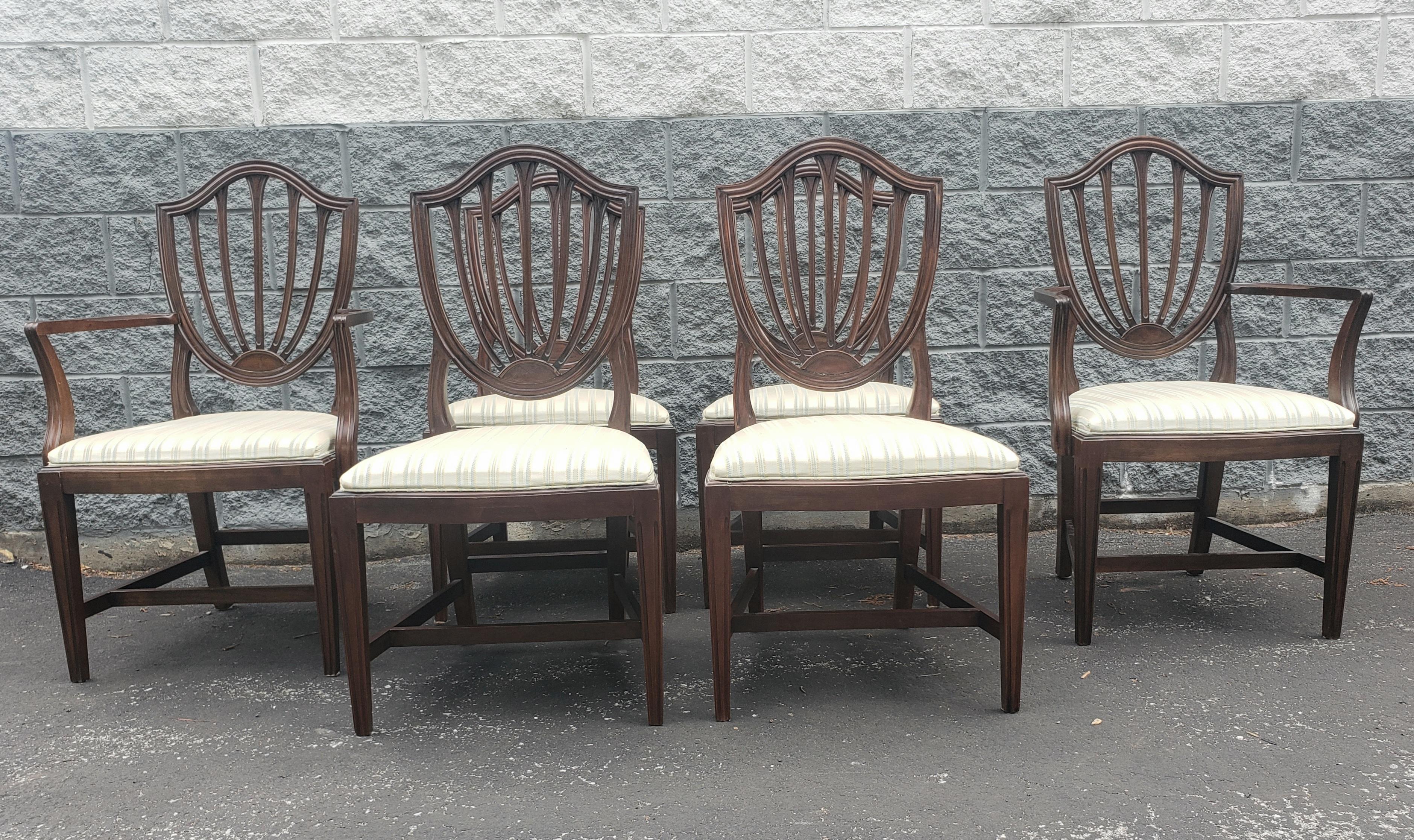 Ethan-Allen Georgian Ct Mahogany and Upholstered Shield Back Dining Chairs, Set 5